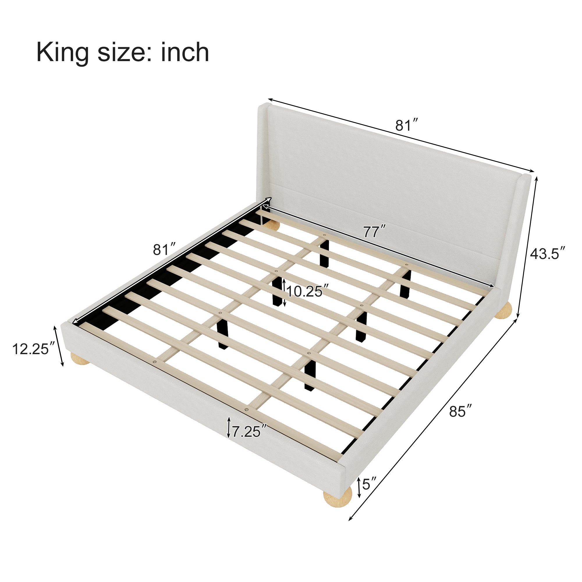 King Beige Upholstered Bed Frame With Wingback Headboard