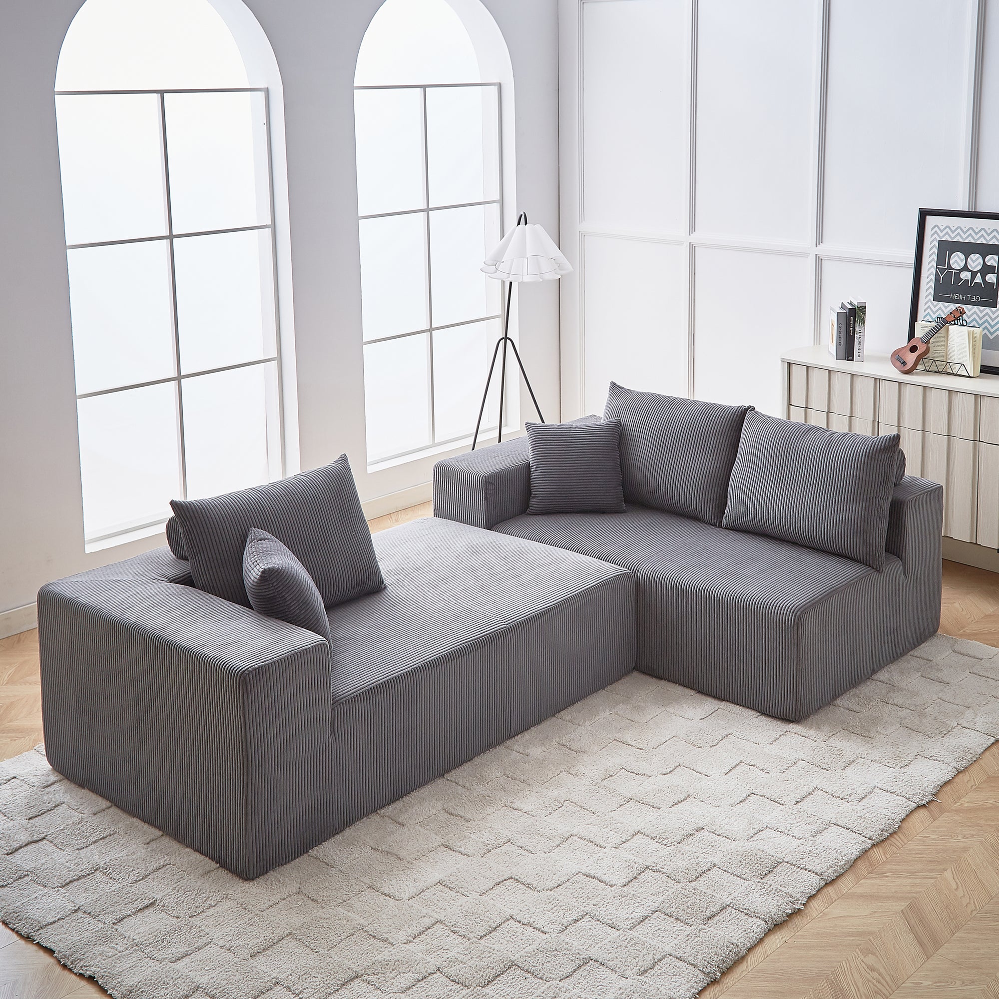 Modern Corduroy Upholstered Sectional Sofa Couch Set With Modular Design And Five Pillows For Customizable Comfort In Grey