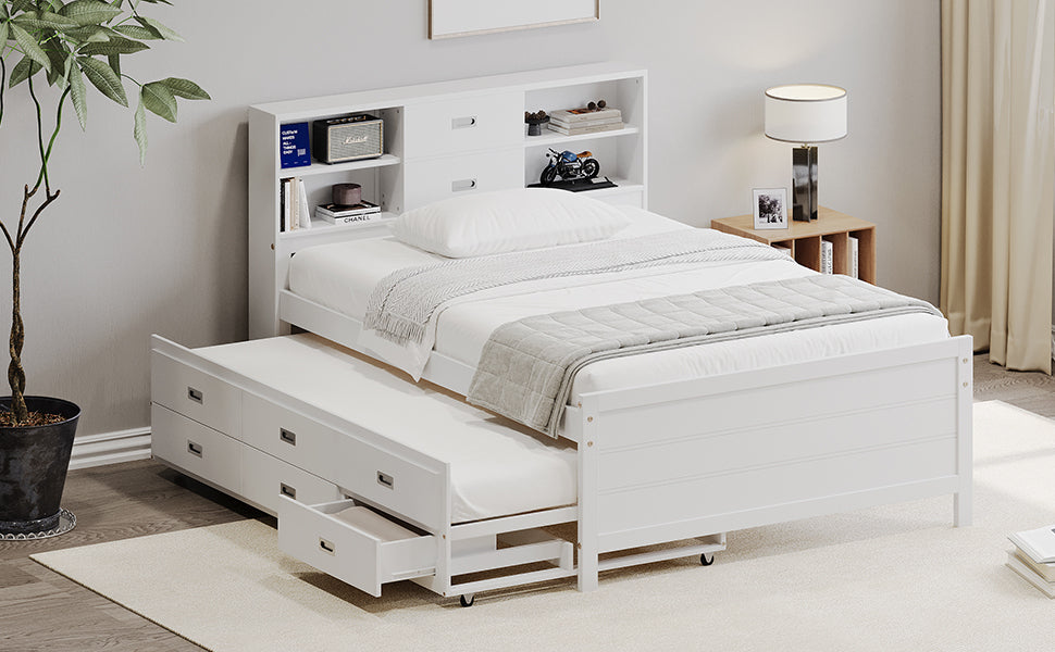 White Twin Platform Bed with Trundle, Drawers, and Storage Headboard