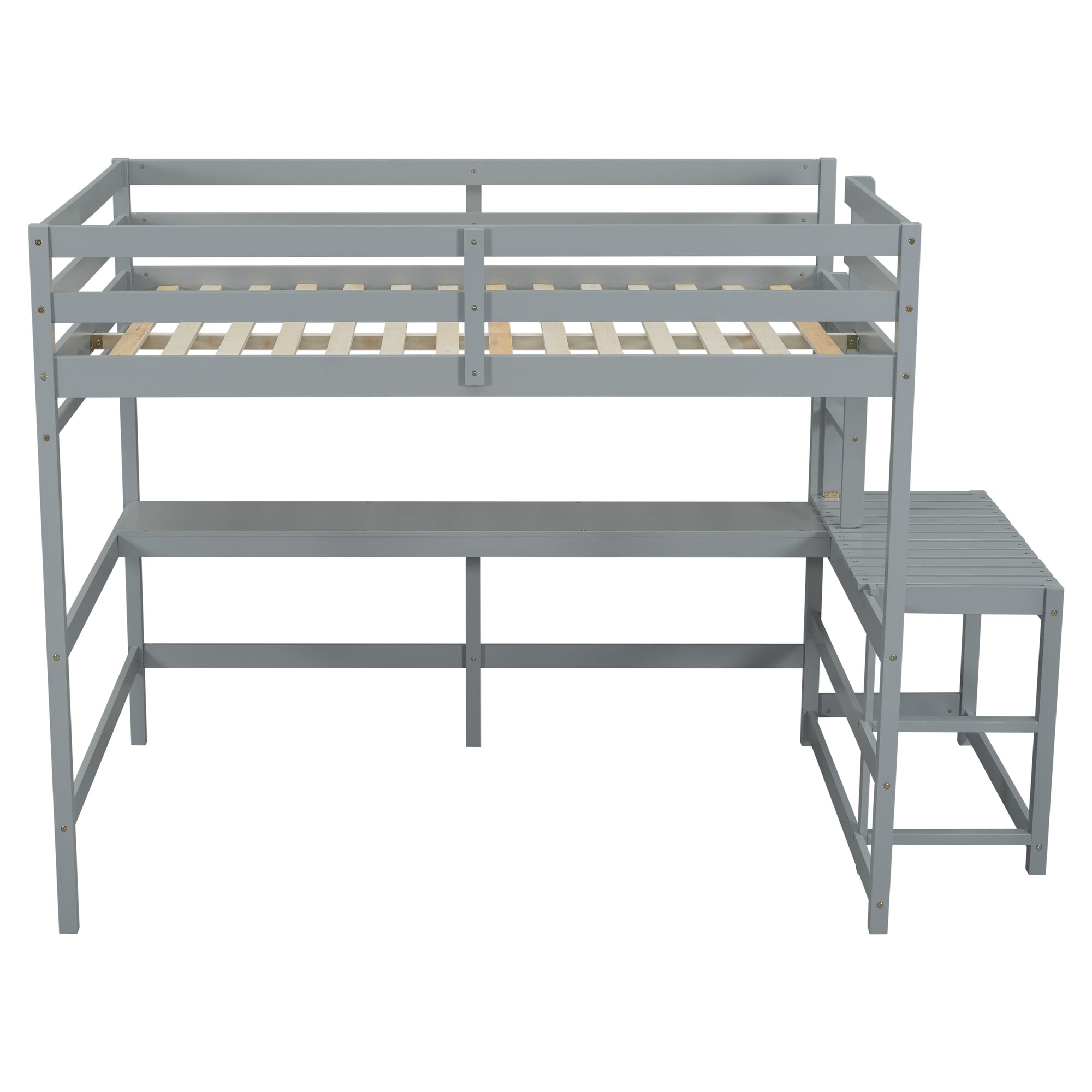 Gray Full Size High Loft Bed with Built-in Desk, Ladder Platform, and Guardrails