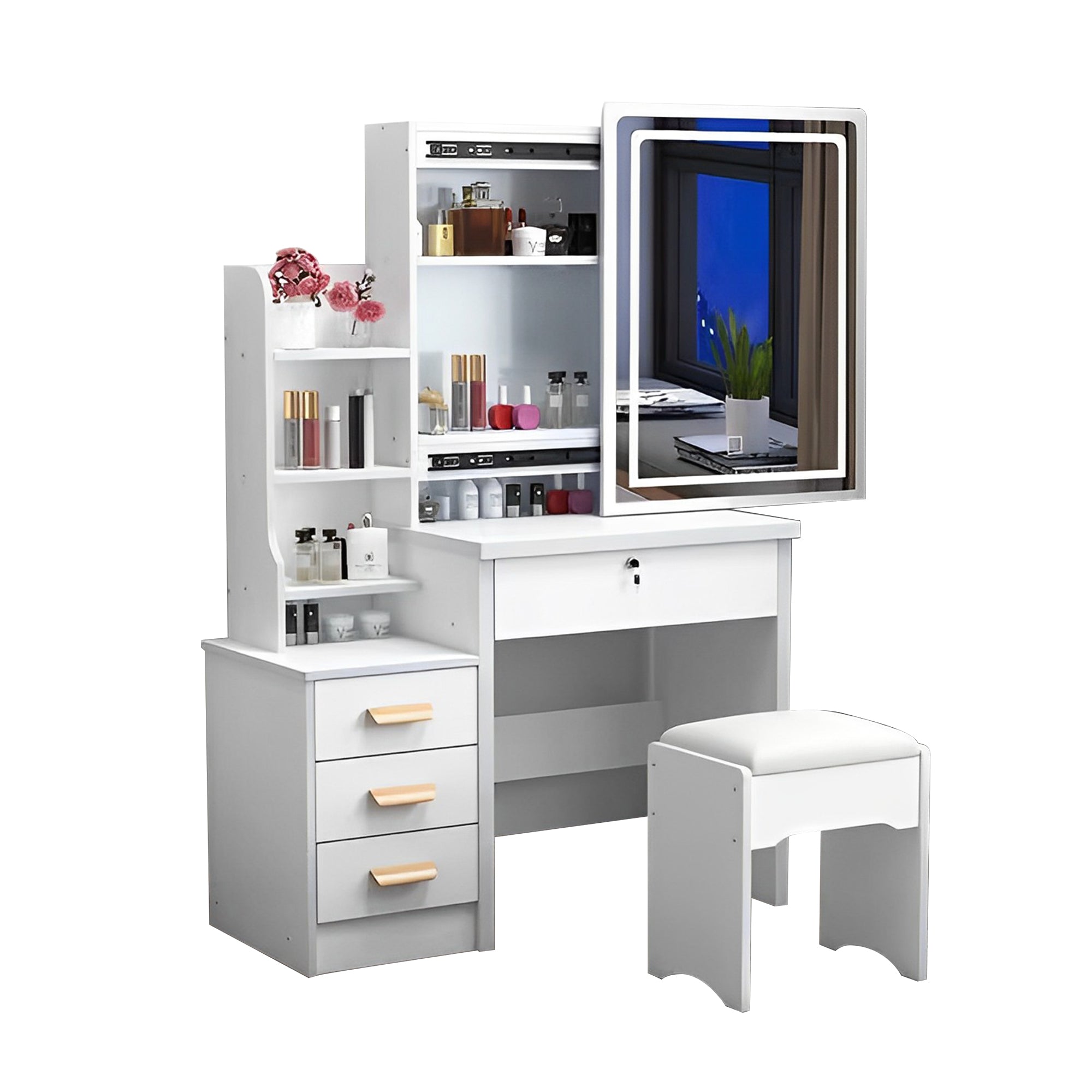 Vanity Desk with Adjustable Lights and 4 Drawers In White