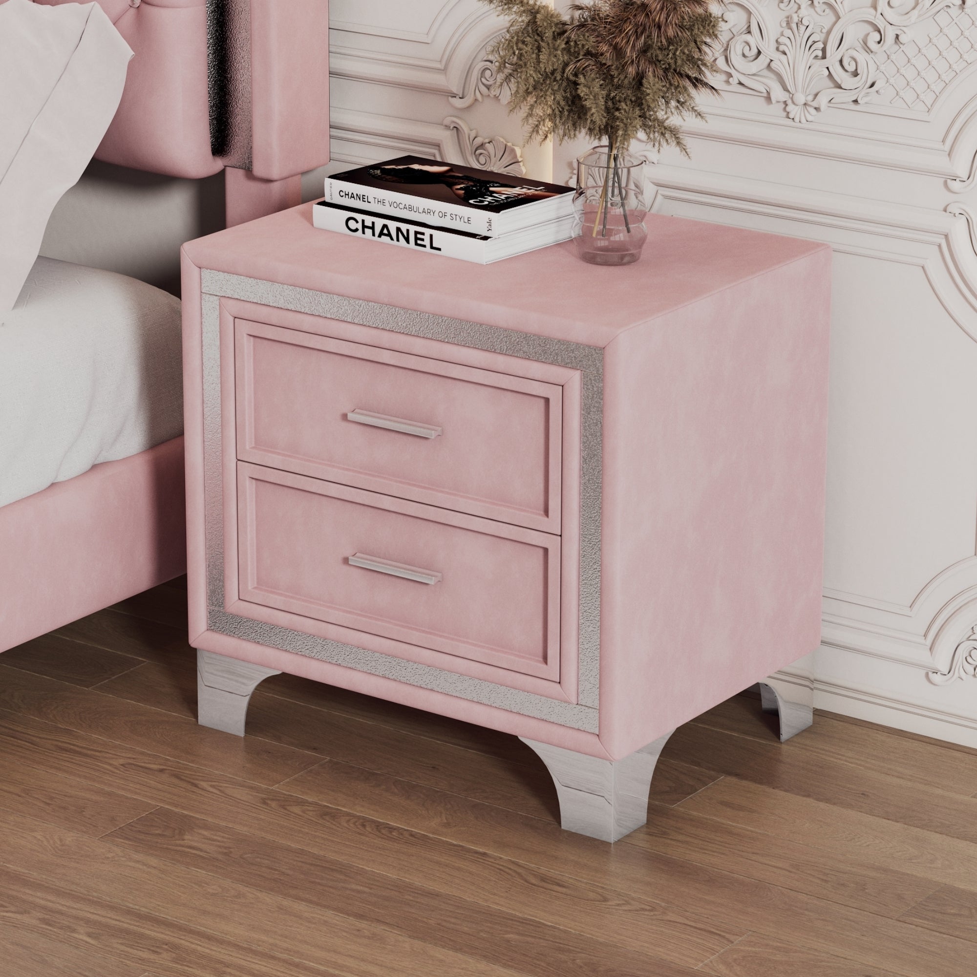 Mid Century Vintage Nightstand Velvet Bedside Table with 2 Drawers In Pink