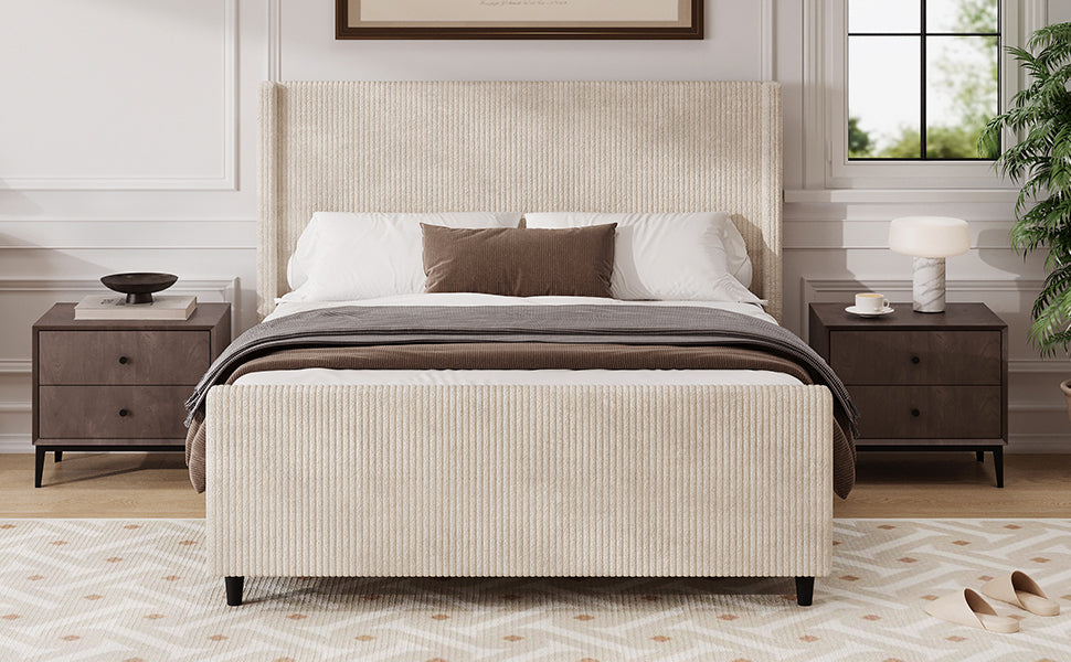 Modern Queen Size Cream Corduroy Upholstered Platform Bed Frame With High Headboard