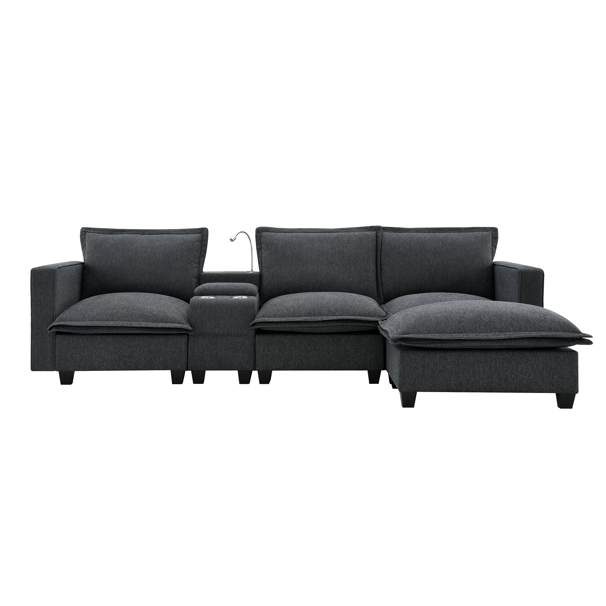 4-Seater Modular Chenille Sofa with Reading Lights & Storage in Dark Gray