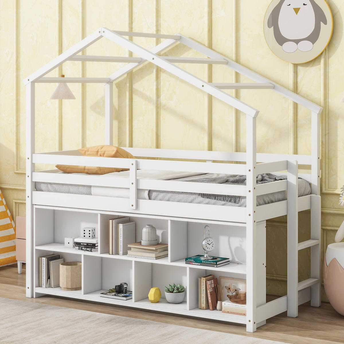 White Twin House Loft Bed with Roof Frame and Under-Bed Shelving Storage Unit