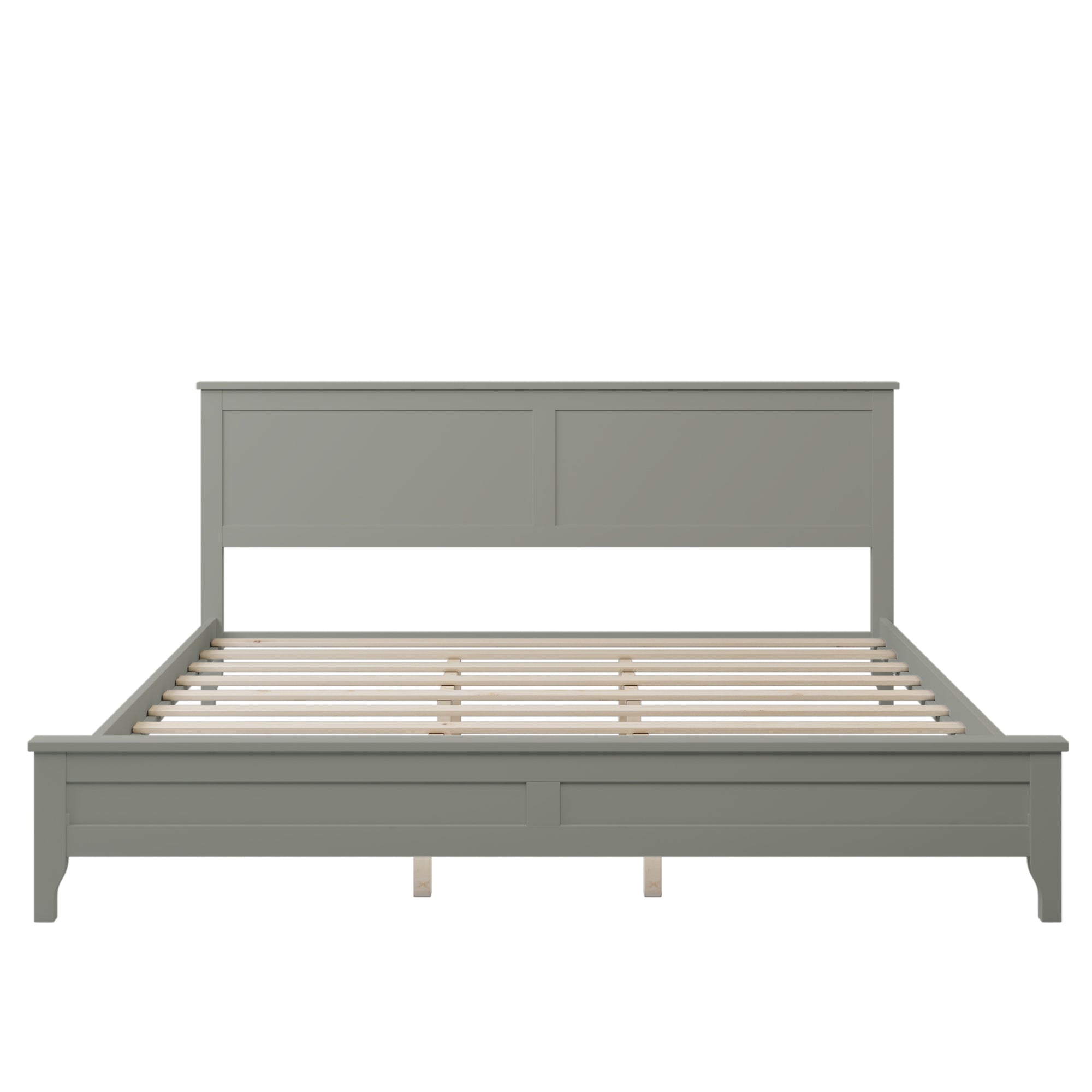 Gray King Bed Frame with Slat Headboard On Solid Wood Platform