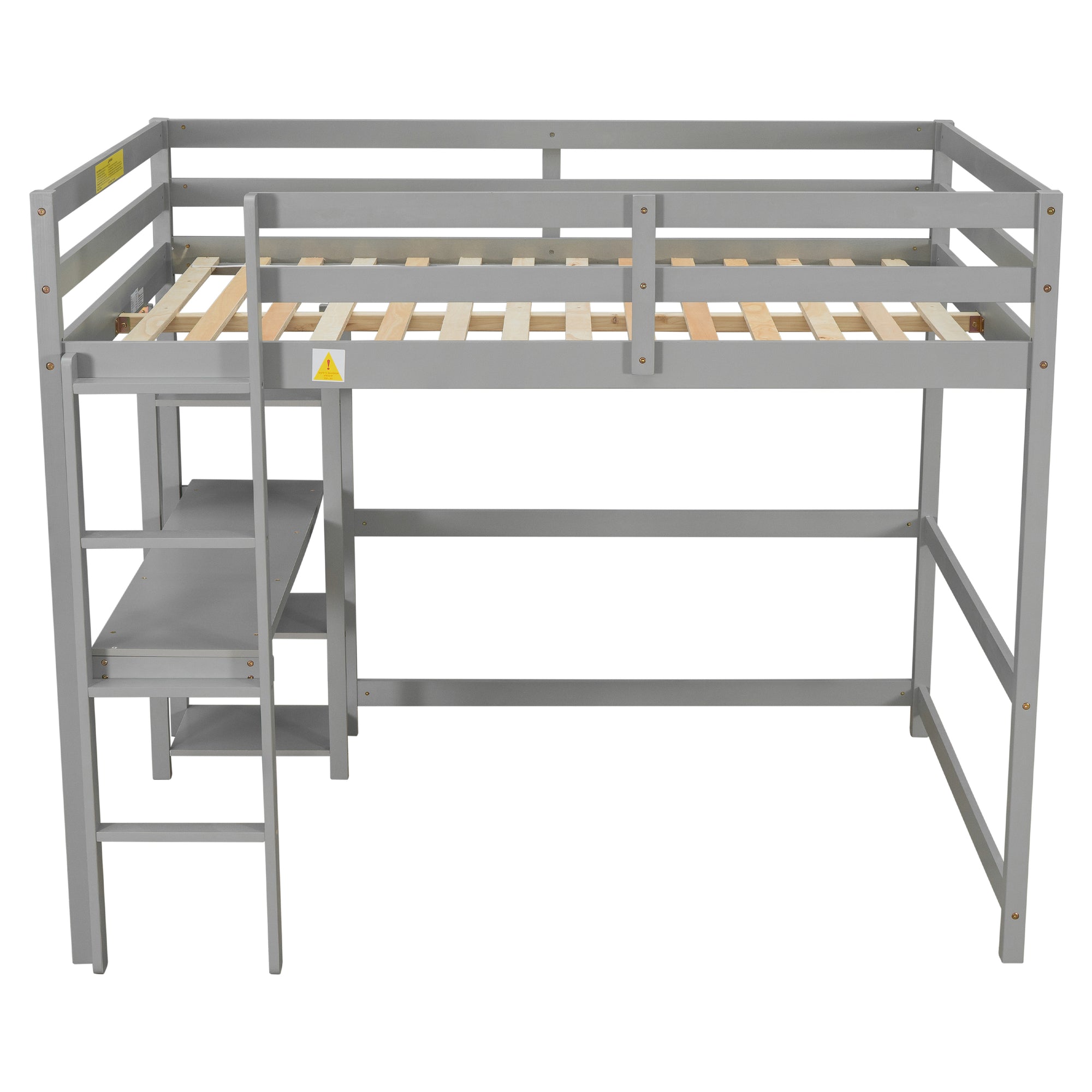 Gray Full Loft Bed with Desk, Ladder, and Shelves