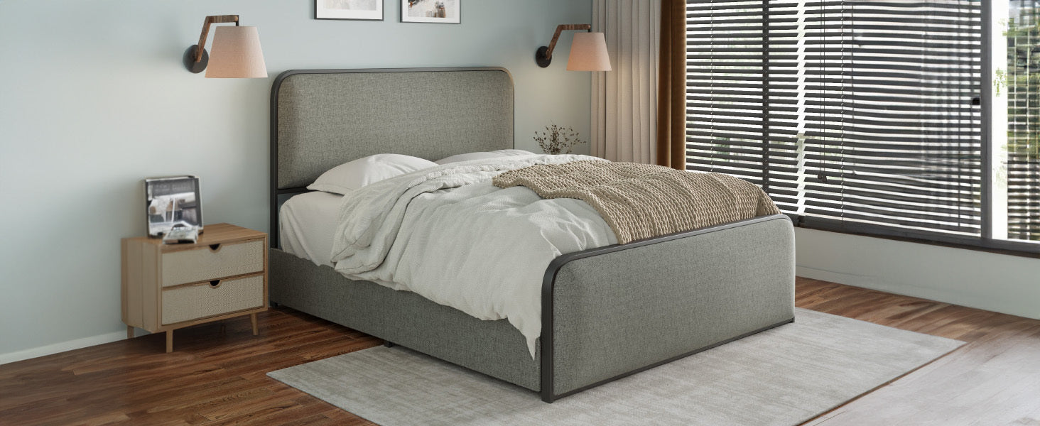 Queen Size Metal Bed Frame with Upholstered Headboard & Storage Drawers