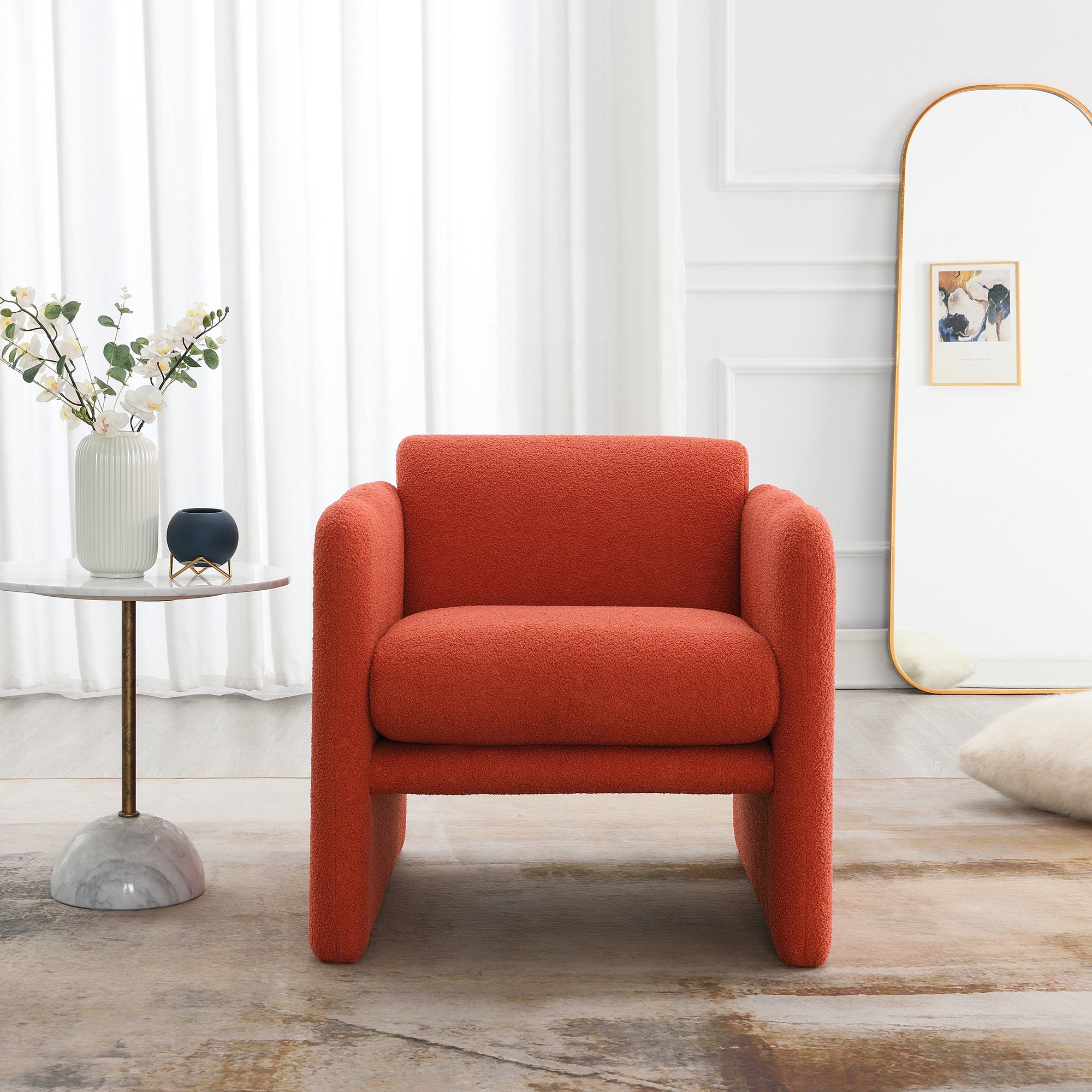 Arm Chair with Waved Arms, Orange Teddy Fabric, Accent Chair for Living Room and Bedroom