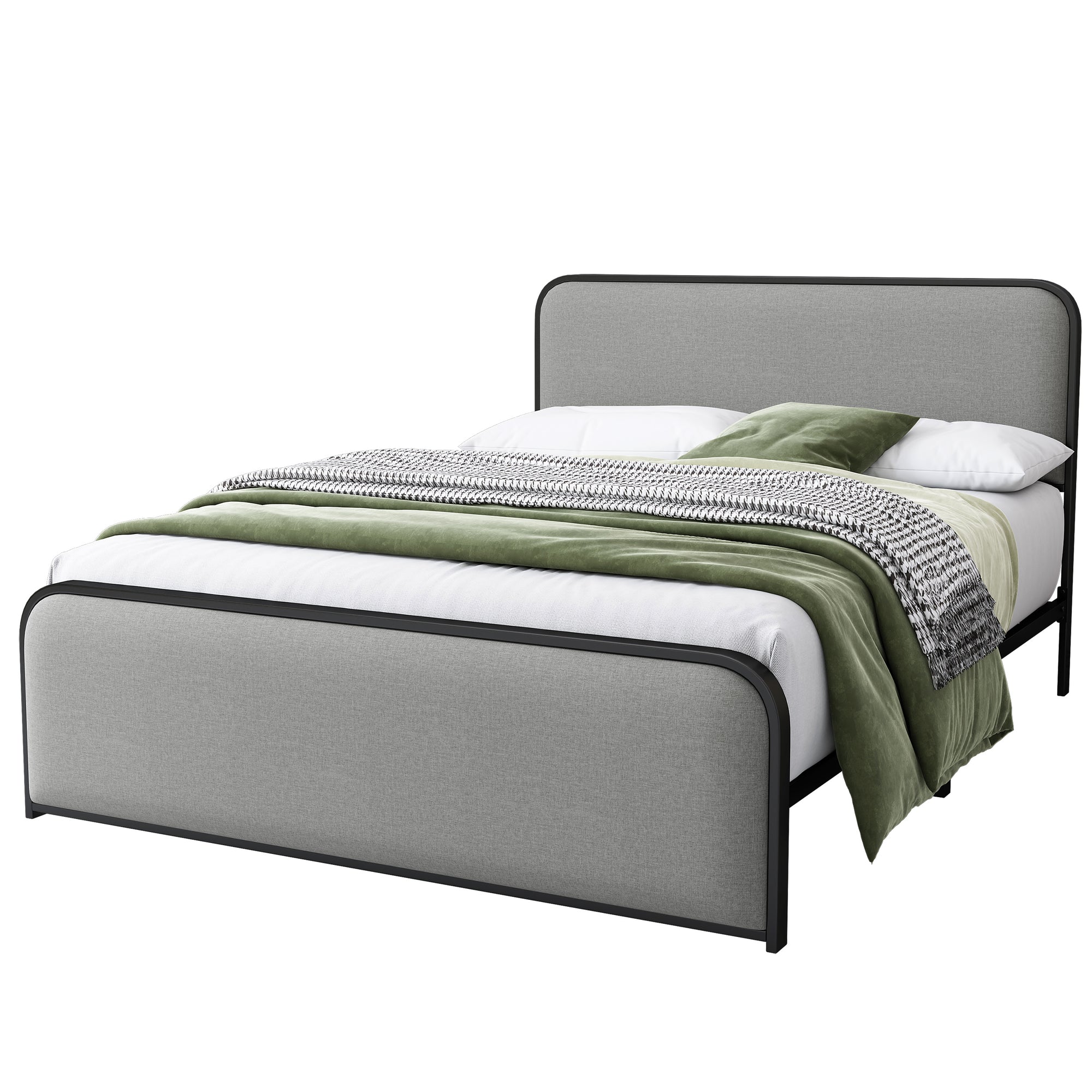 Gray Queen Metal Bed Frame with Upholstered Headboard