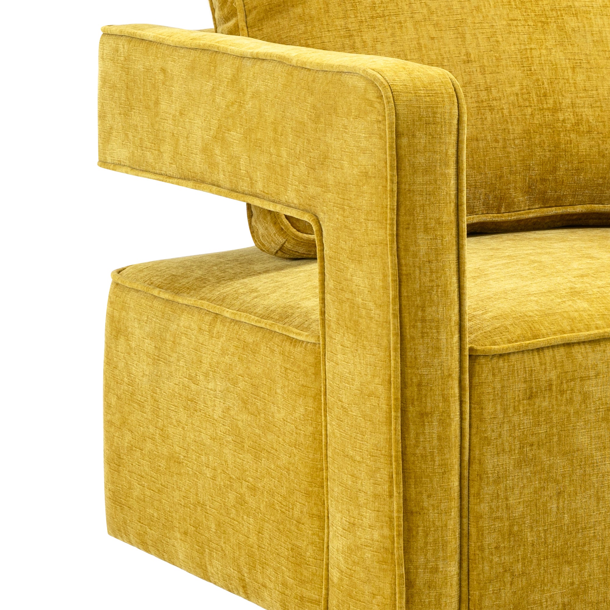 Open Back Mustard Chenille Swivel Accent Chair With Gold Stainless Steel Base