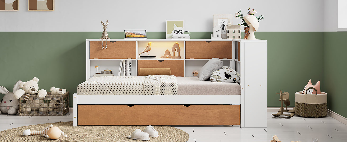 Full Daybed with Storage, Trundle & L-Shaped Bookcases in White & Walnut