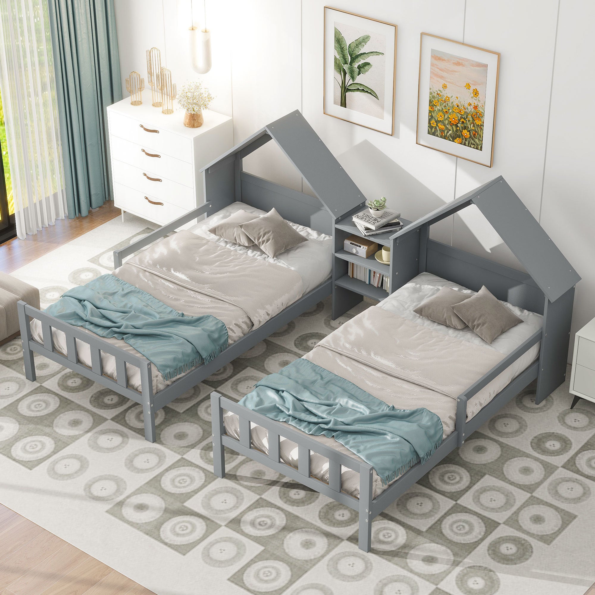 Double Twin Size Platform Bed with Built-in Nightstand and House-shaped Headboard In Grey