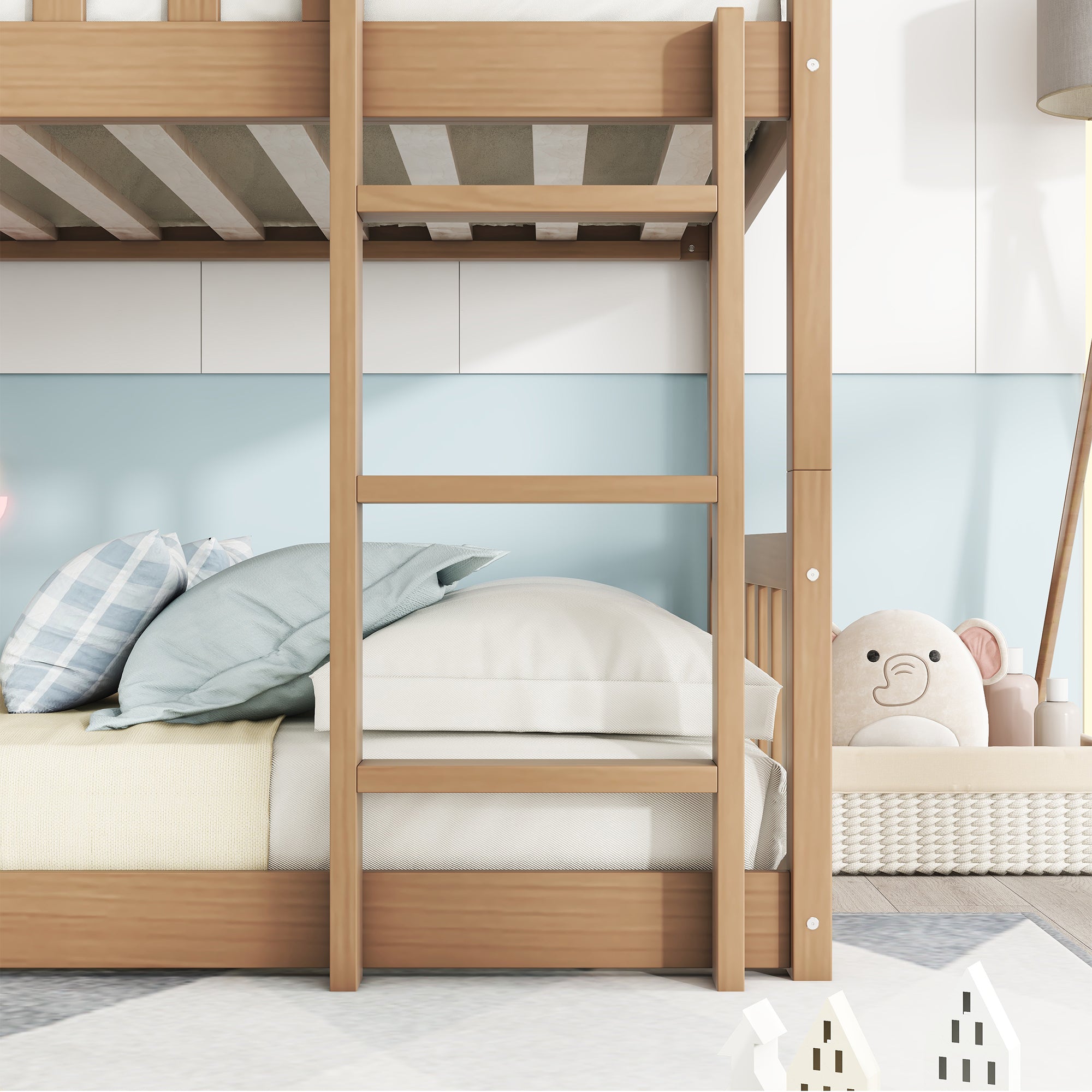 Twin Size Triple Rubber Wood Detachable Bunk Bed in White Oak