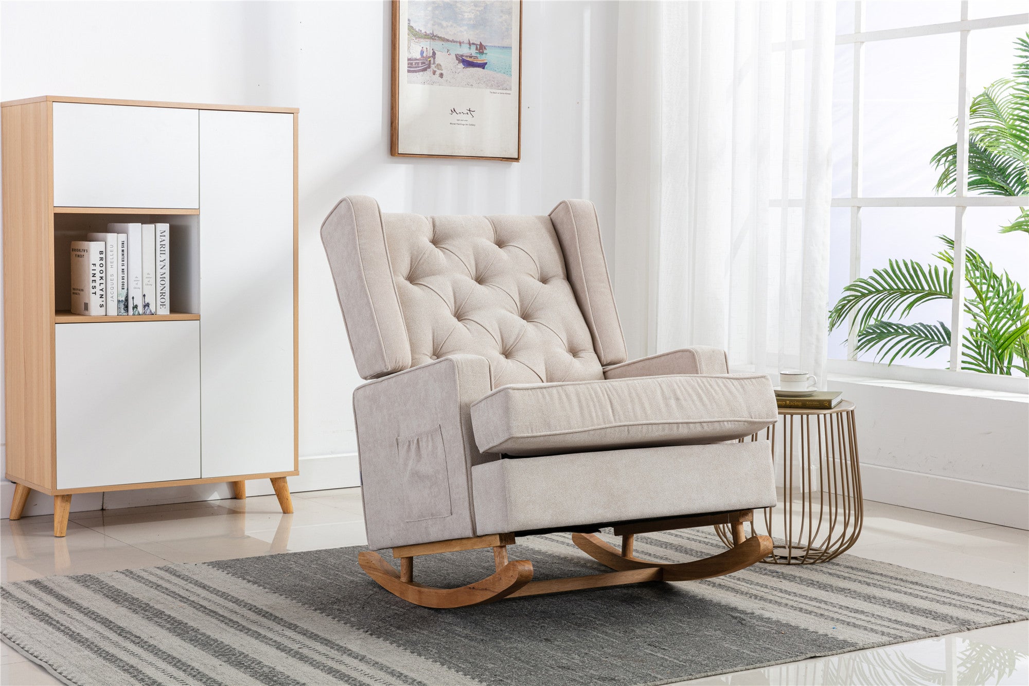 Comfortable Beige Mid-Century Modern Rocking Chair