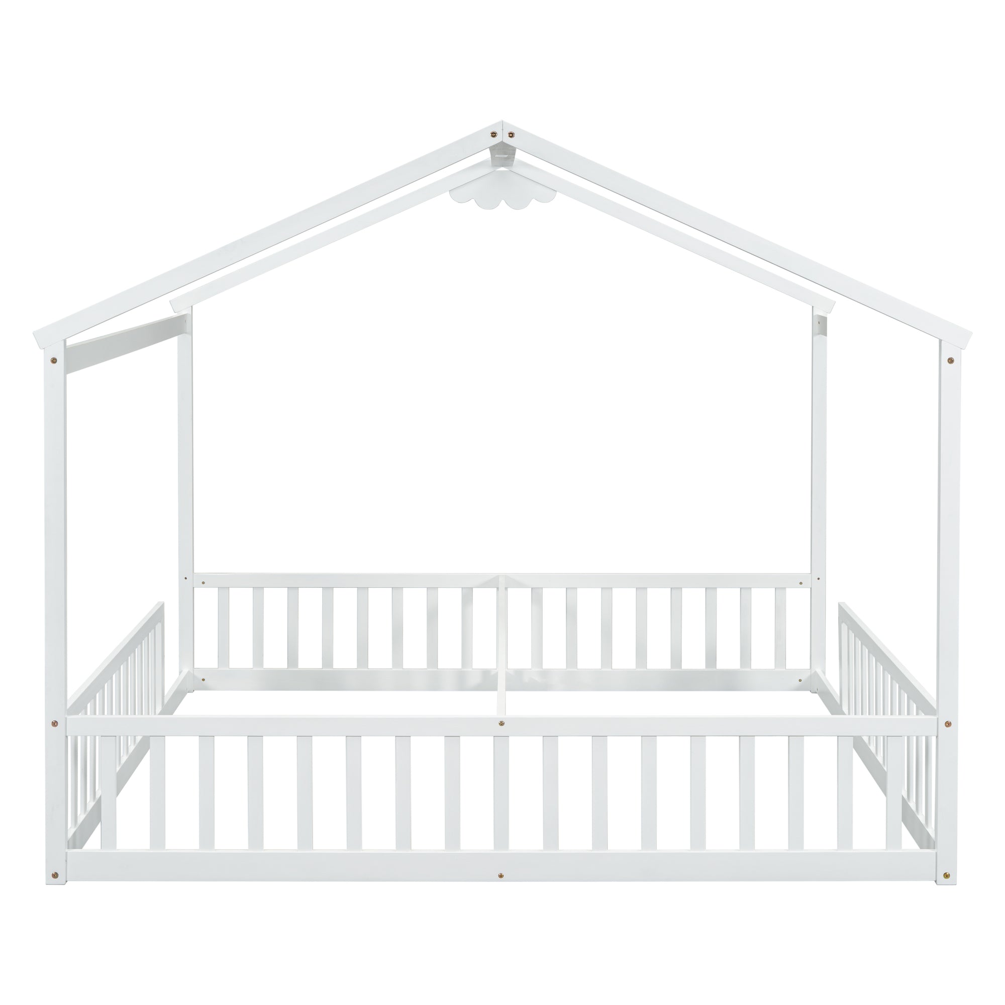 White Double Twin House-Style Toddler Floor Bed with Fence & Guardrails