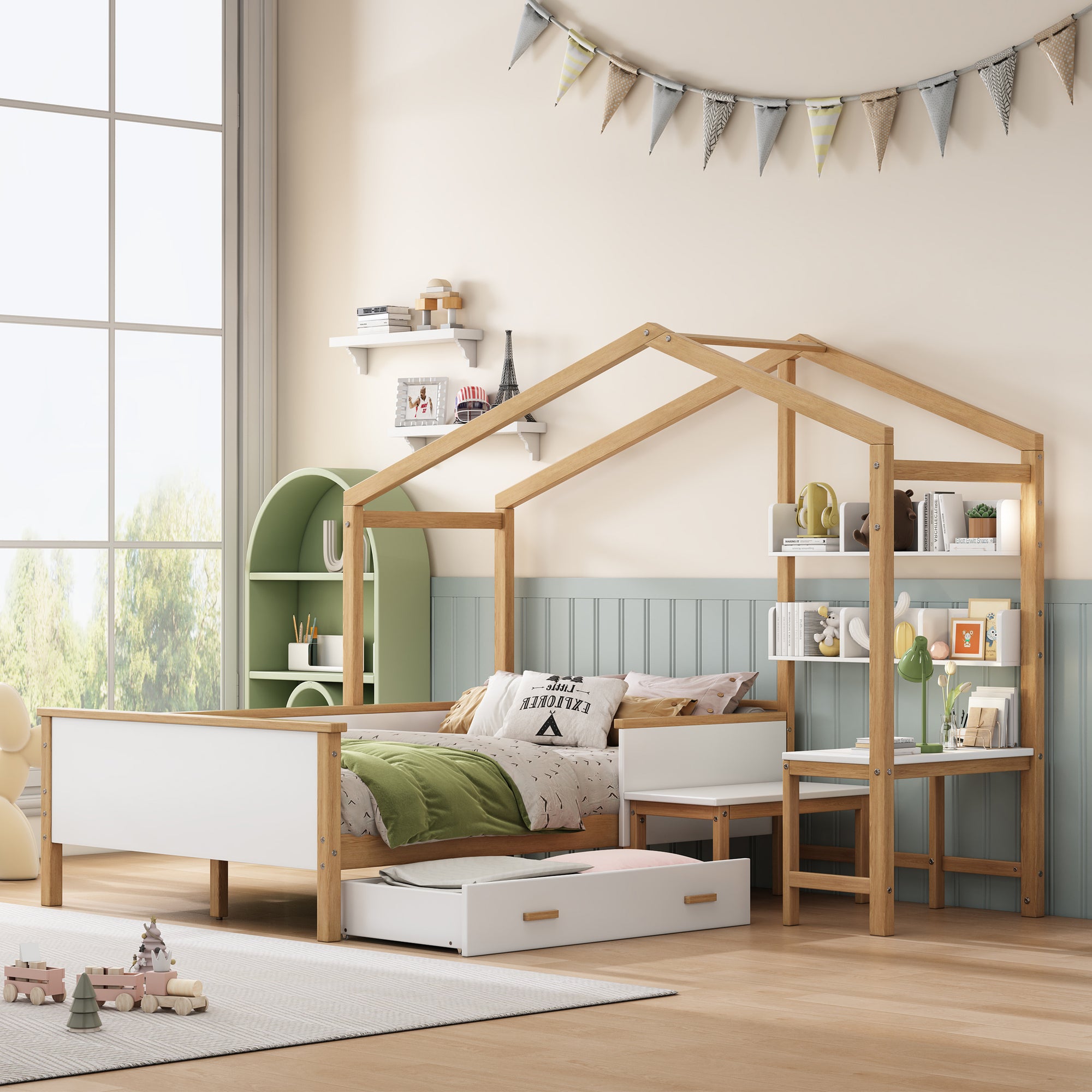 White & Wood Frame Full Size Wooden House Bed with Desk with Drawer, Desk and Bookshelf for Children