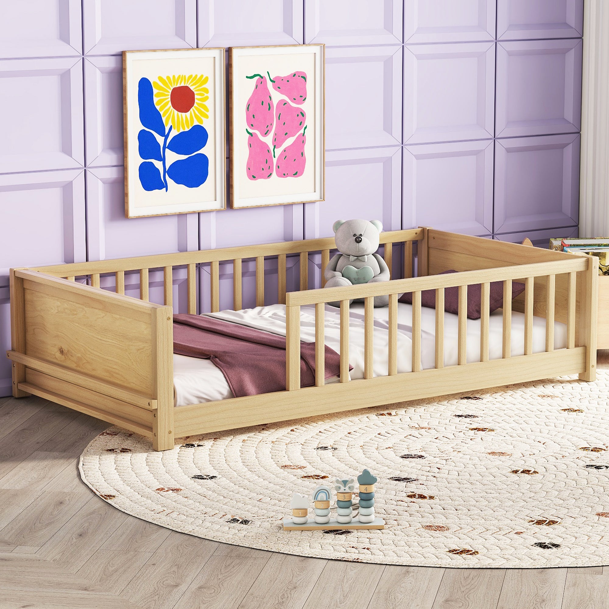 Natural Finish Twin Toddler Floor Bed with Built-in Book Storage Rack