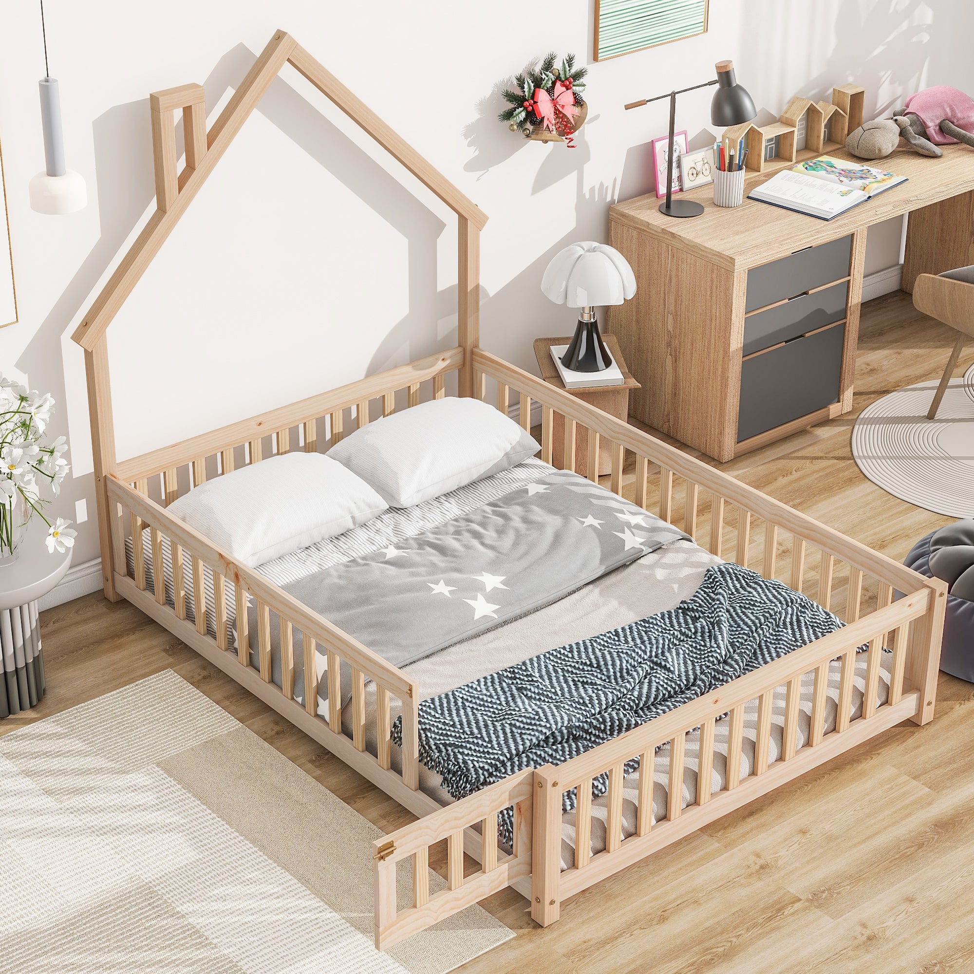 Natural Tone Full House-Shaped Headboard Floor Bed with Fence