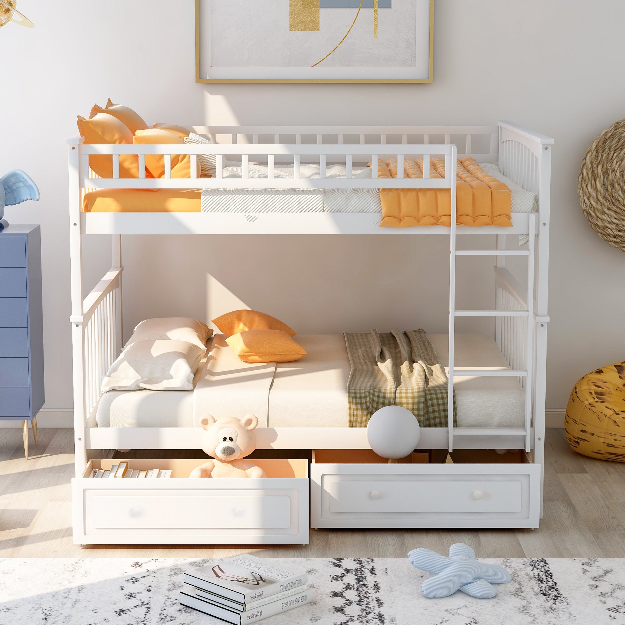 Full Over Full Bunk Bed with Drawers and Convertible Design In White