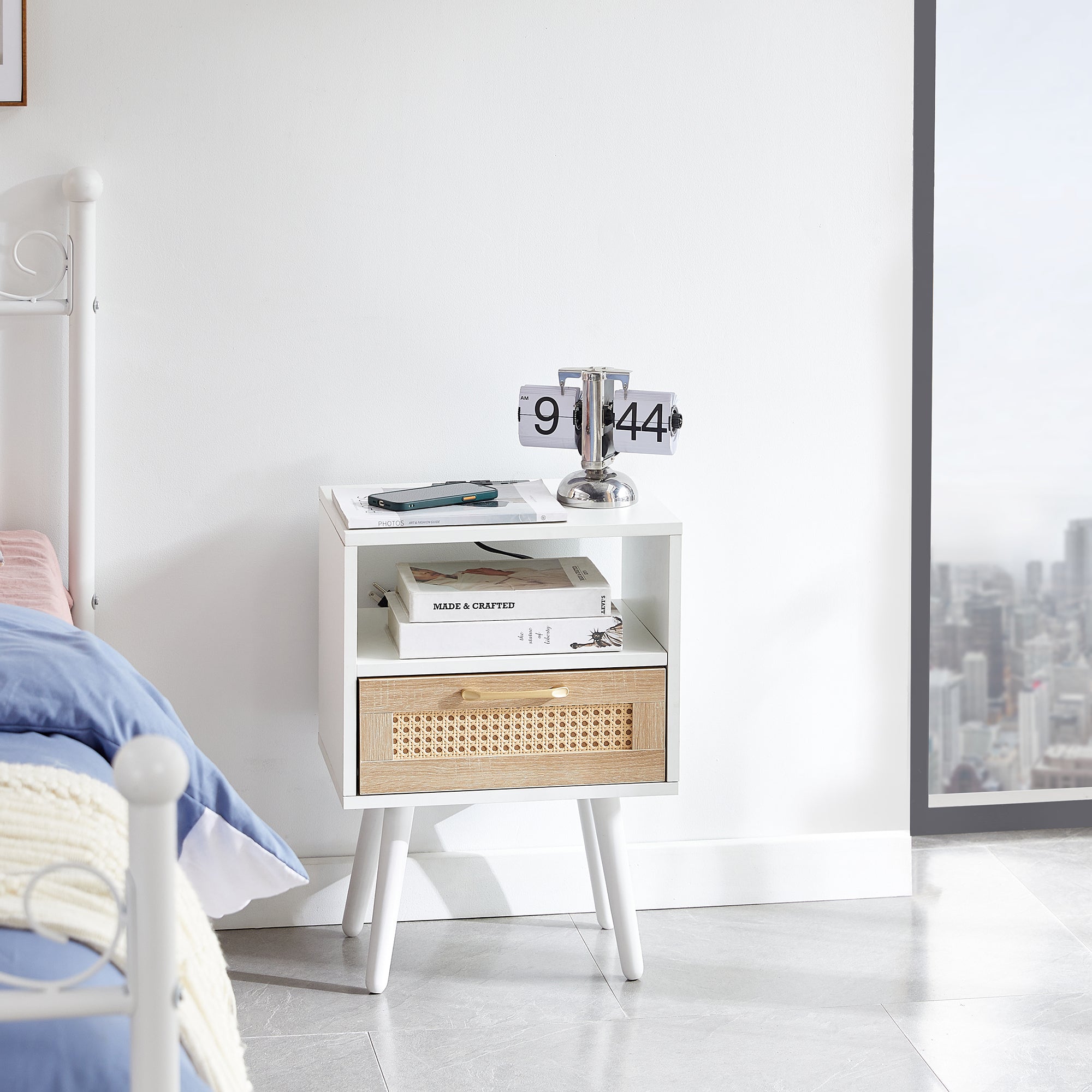 15.75 Rattan End Table with Power Outlet and USB Ports Modern Nightstand with Drawer Solid Wood Legs In White