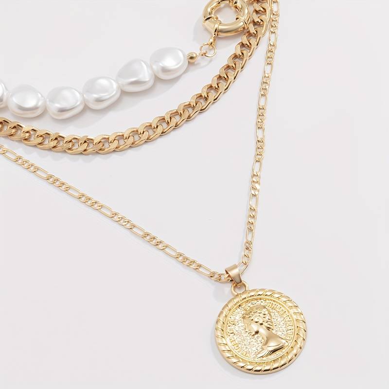 Pearl and Vintage Pendant Chain 3 Piece Pendant and Pearl Necklace Set