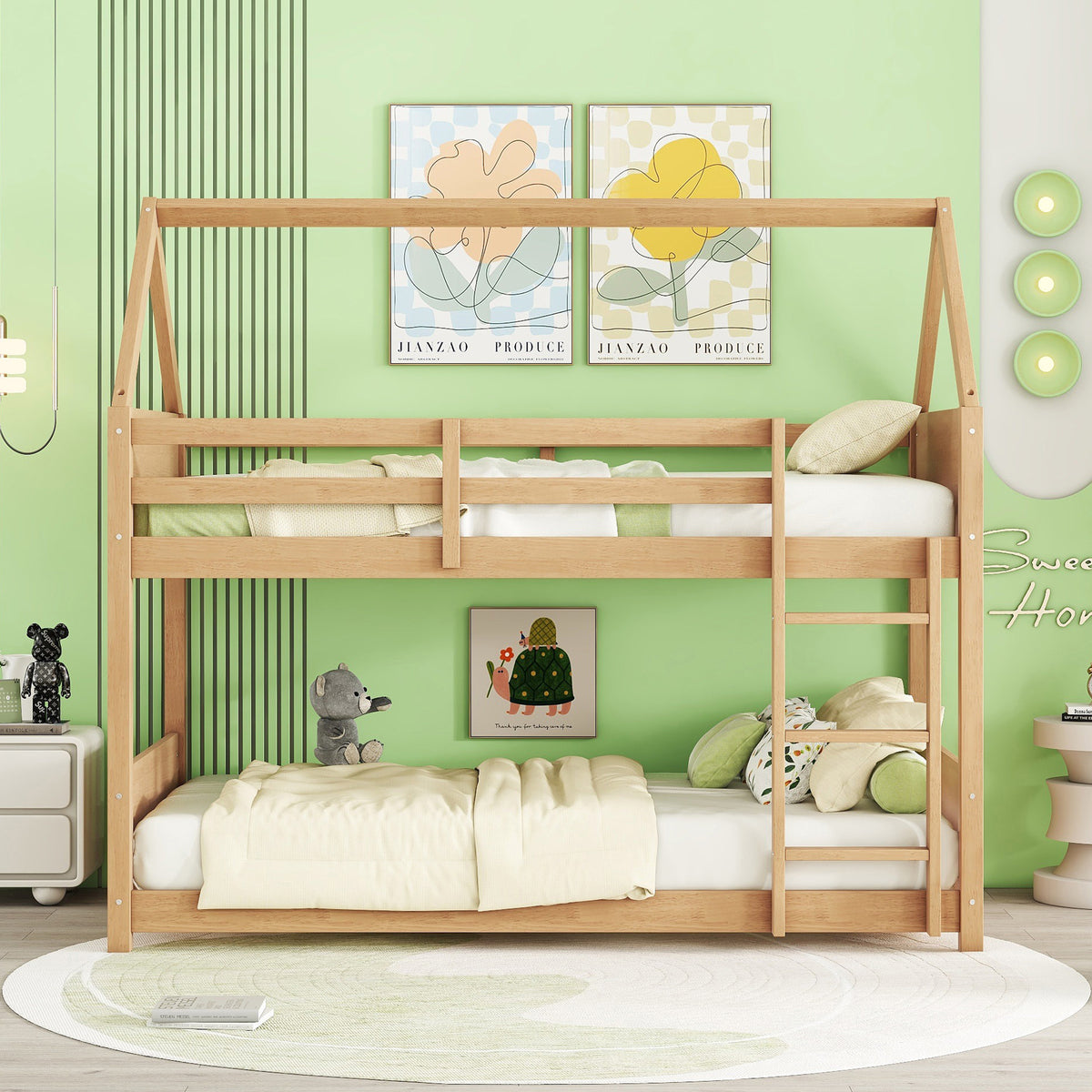 White Oak Twin Over Twin House Floor Bunk Bed with Headboards, Footboards, Guardrails, and Ladder