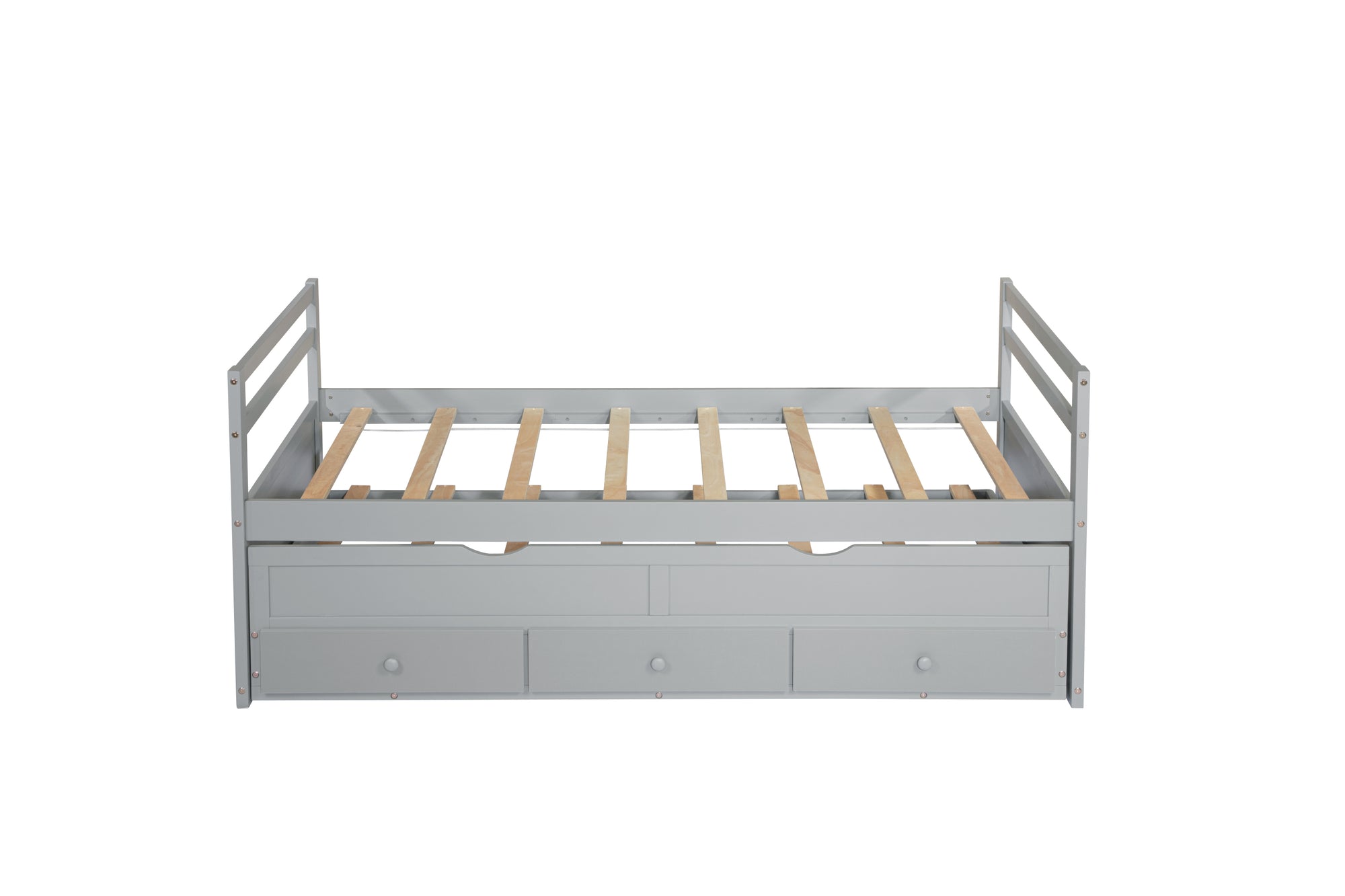 Gray Twin Size Bed with Headboard, Footboard, Trundle, and Three Storage Drawers