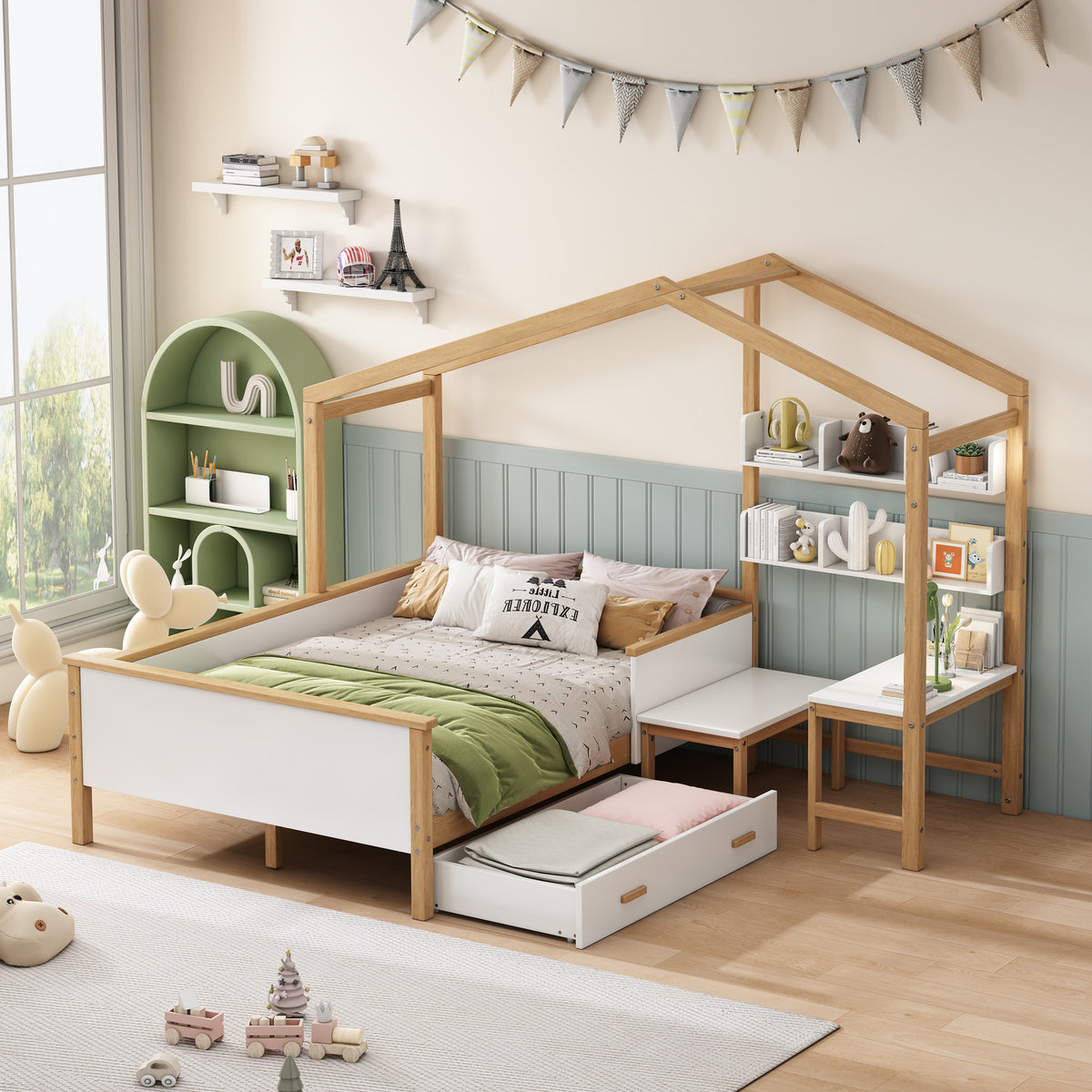 White &amp; Wood Frame Full Size Wooden House Bed with Desk with Drawer, Desk and Bookshelf for Children