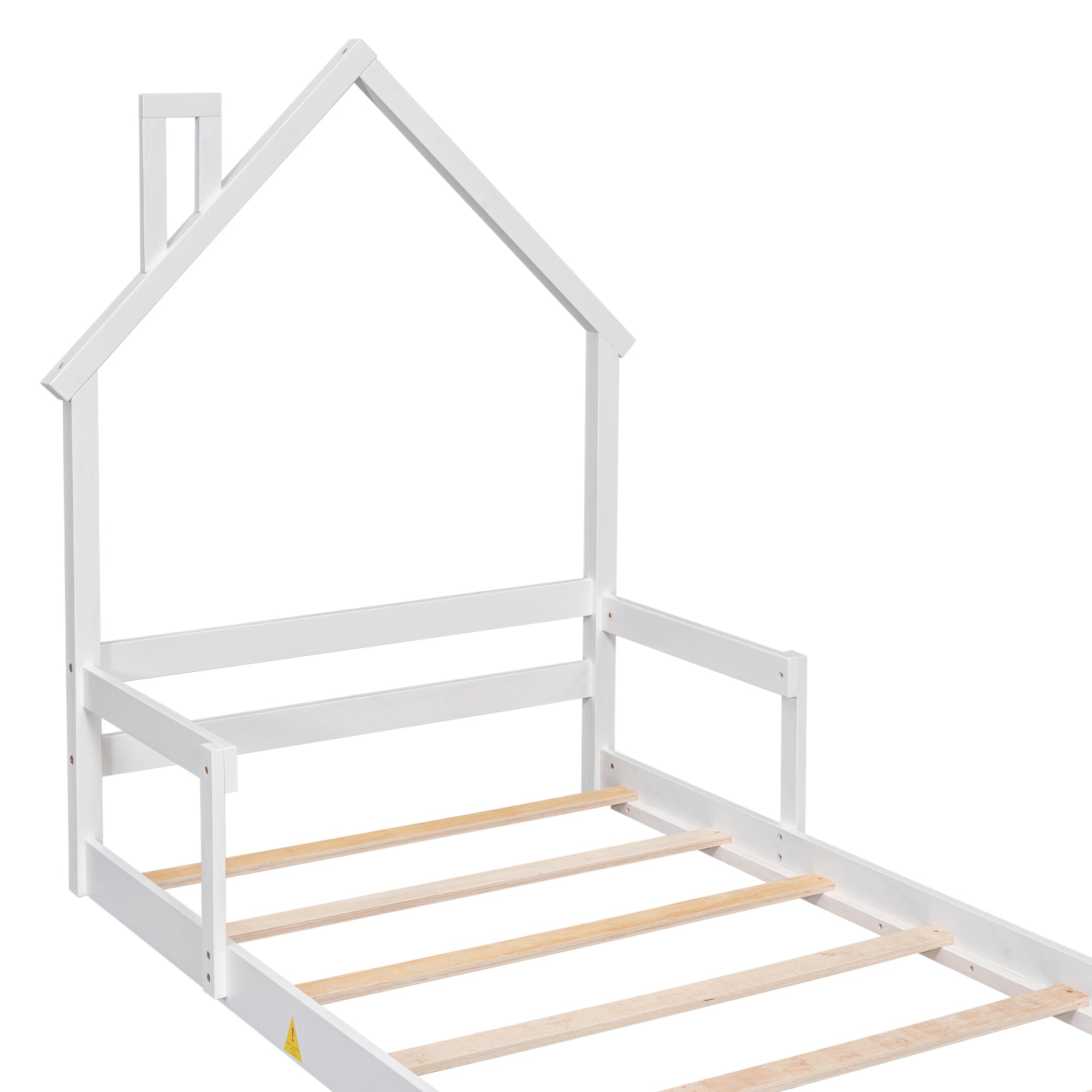 White Twin House-Shaped Headboard Toddler Floor Bed with Handrails