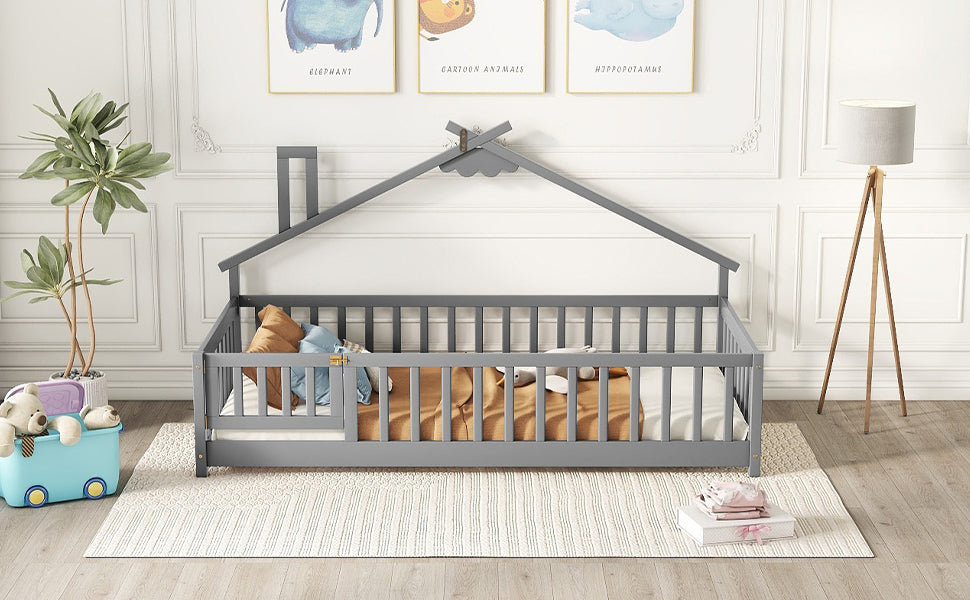 Twin House-Shaped Bedside Toddler Floor Bed with Guardrails and Door in Gray