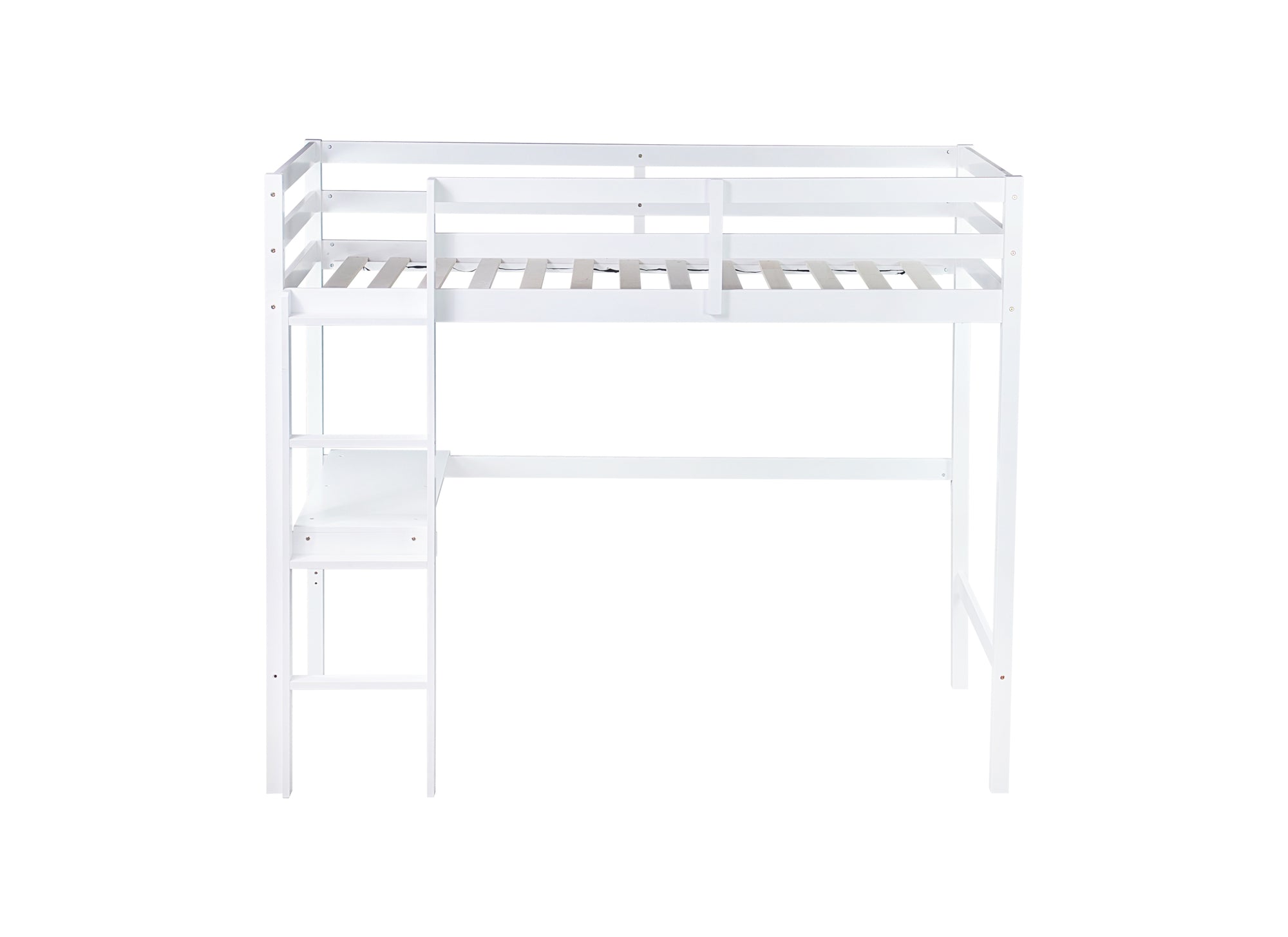 White Twin High Loft Bed For Kids with Built-in Desk in Rubber Wood Construction