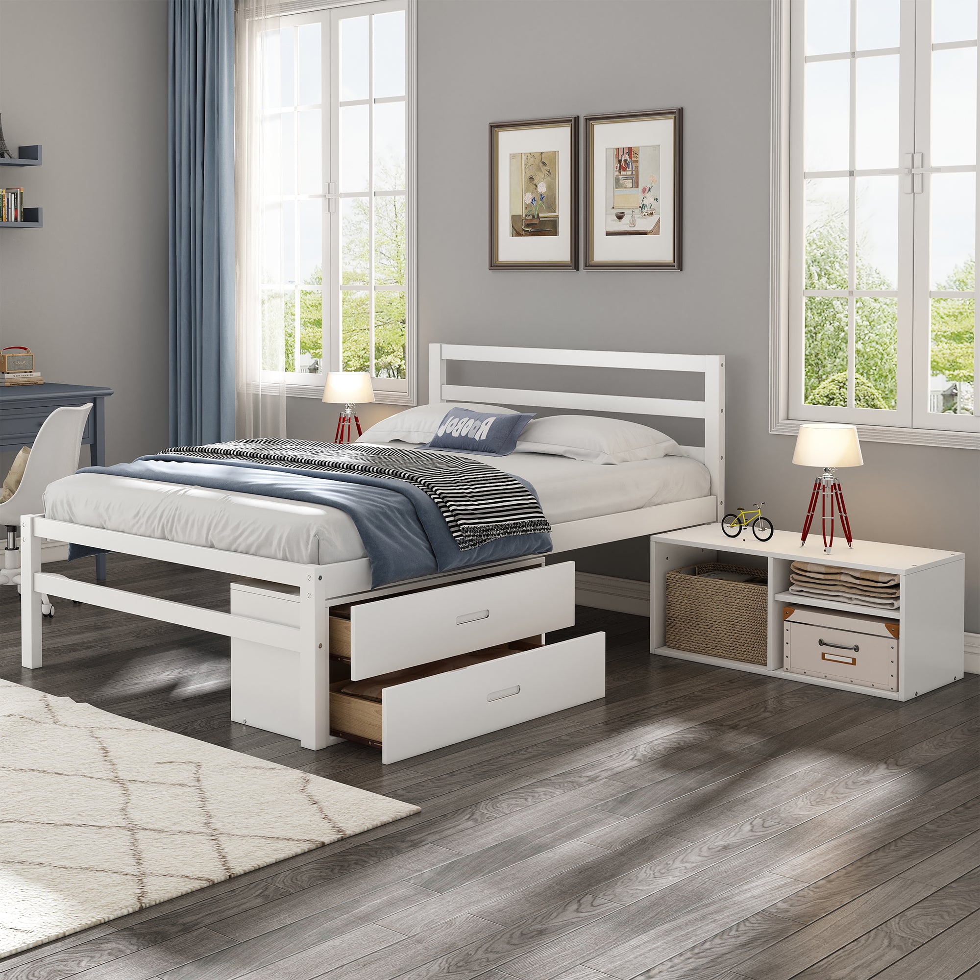 Full Size Wood Platform Bed with Two Storage Drawers and Removable Shelves for Convenience In White