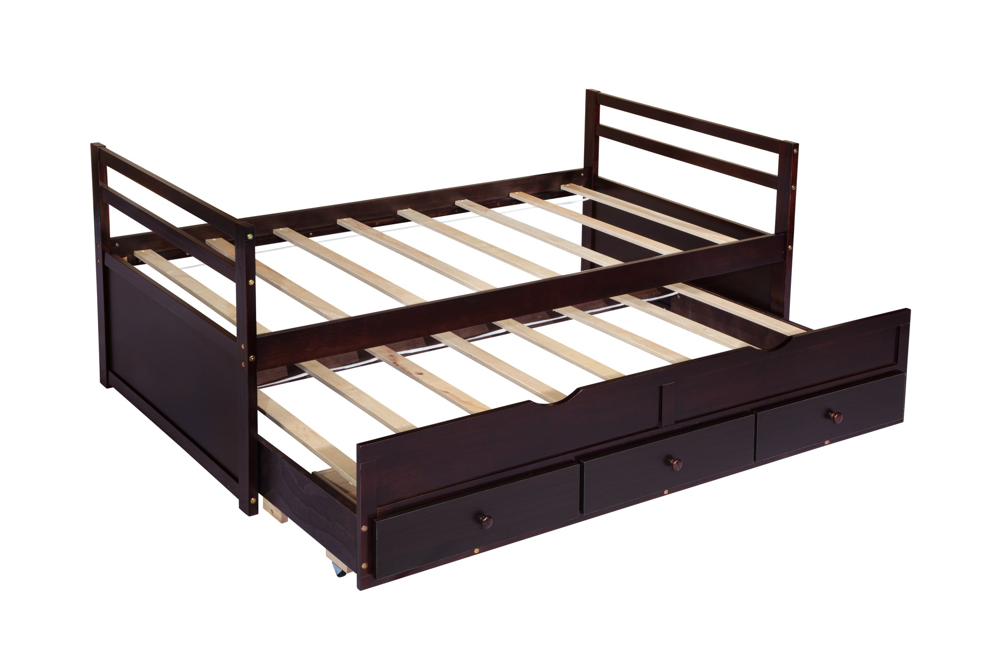 Espresso Pine Twin Size Bed with Headboard, Footboard, Trundle, and Three Storage Drawers