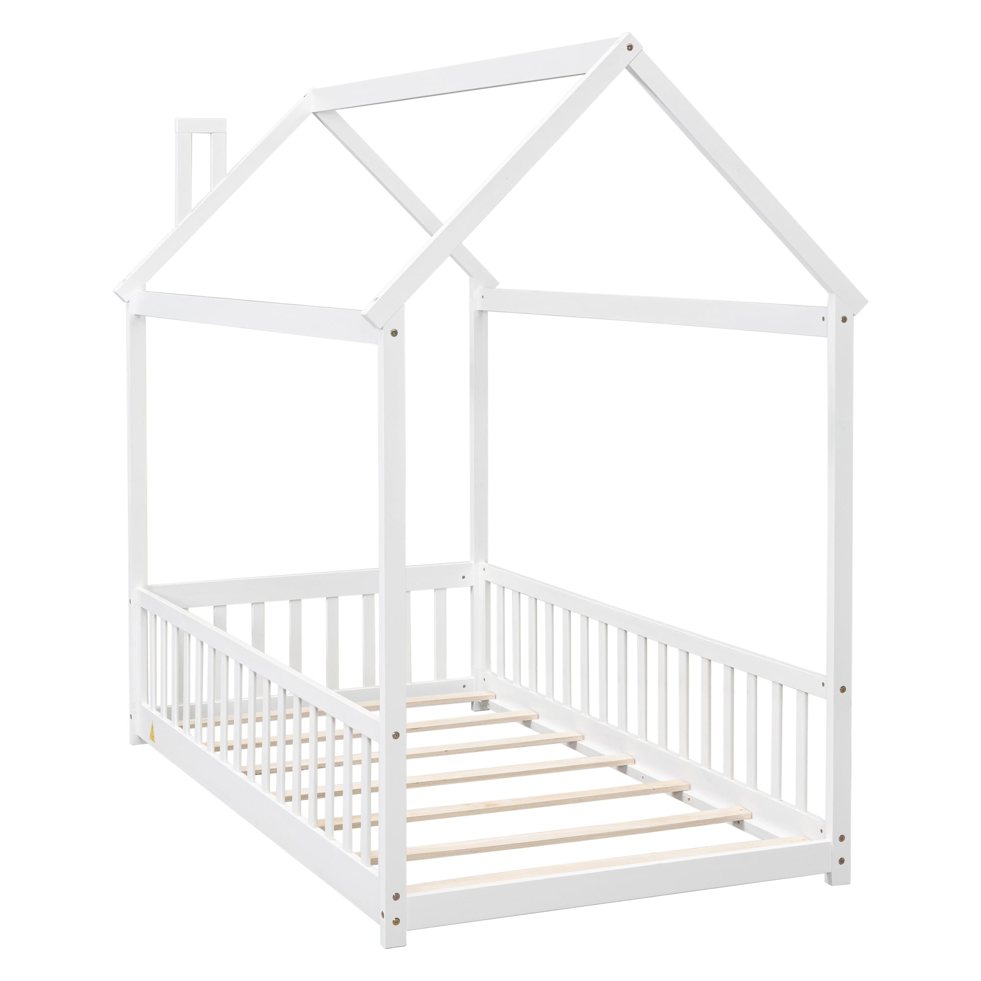 White Twin House Toddler Floor Bed with Guardrails and Slats