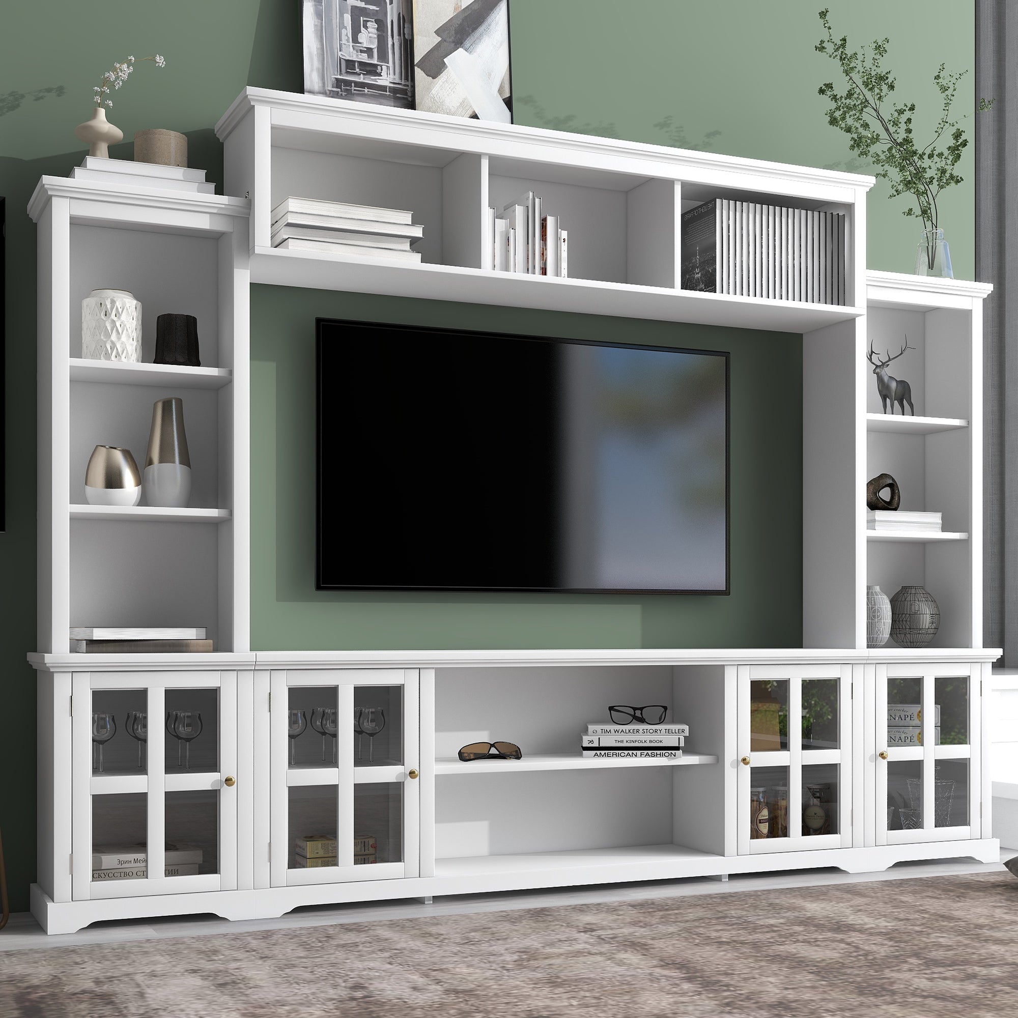 Minimalism Entertainment Wall Unit with Bridge Modern TV Console Table for TVs Up to 70 Inches Multifunctional Stand with Glass Door In White