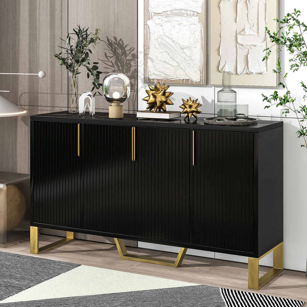 Modern Sideboard With Four Doors Metal Handles Adjustable Shelves Kitchen Cabinet In Black