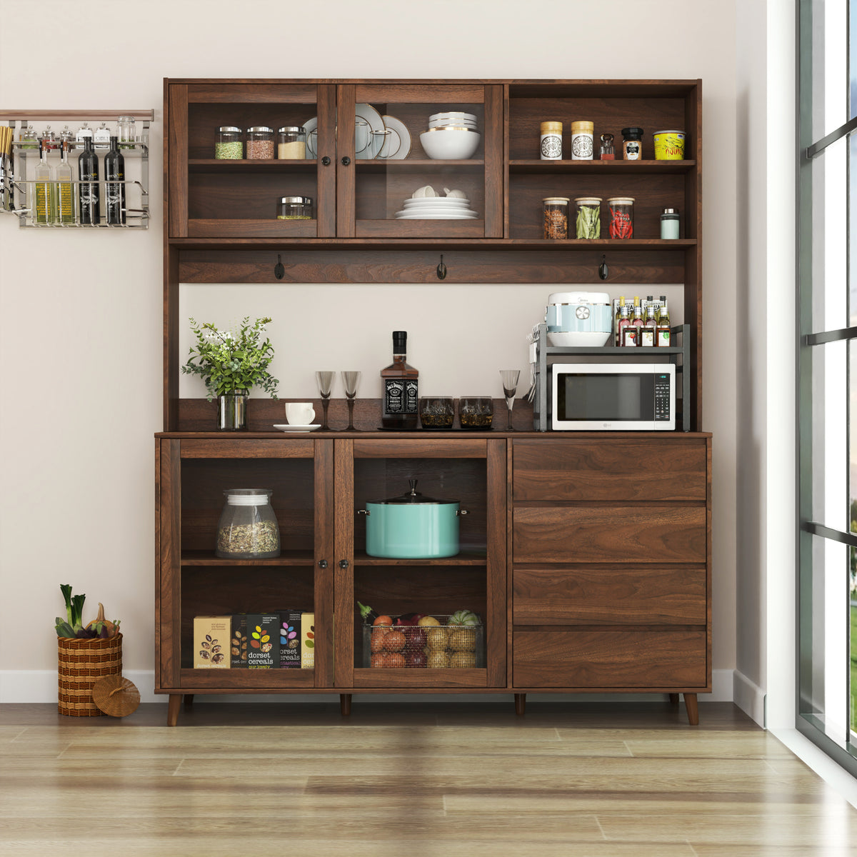 Large 63&#39; W Kitchen Hutch Cabinet with 4 Doors and Drawers Freestanding Pantry Storage Cupboard with Microwave Shelf In Walnut