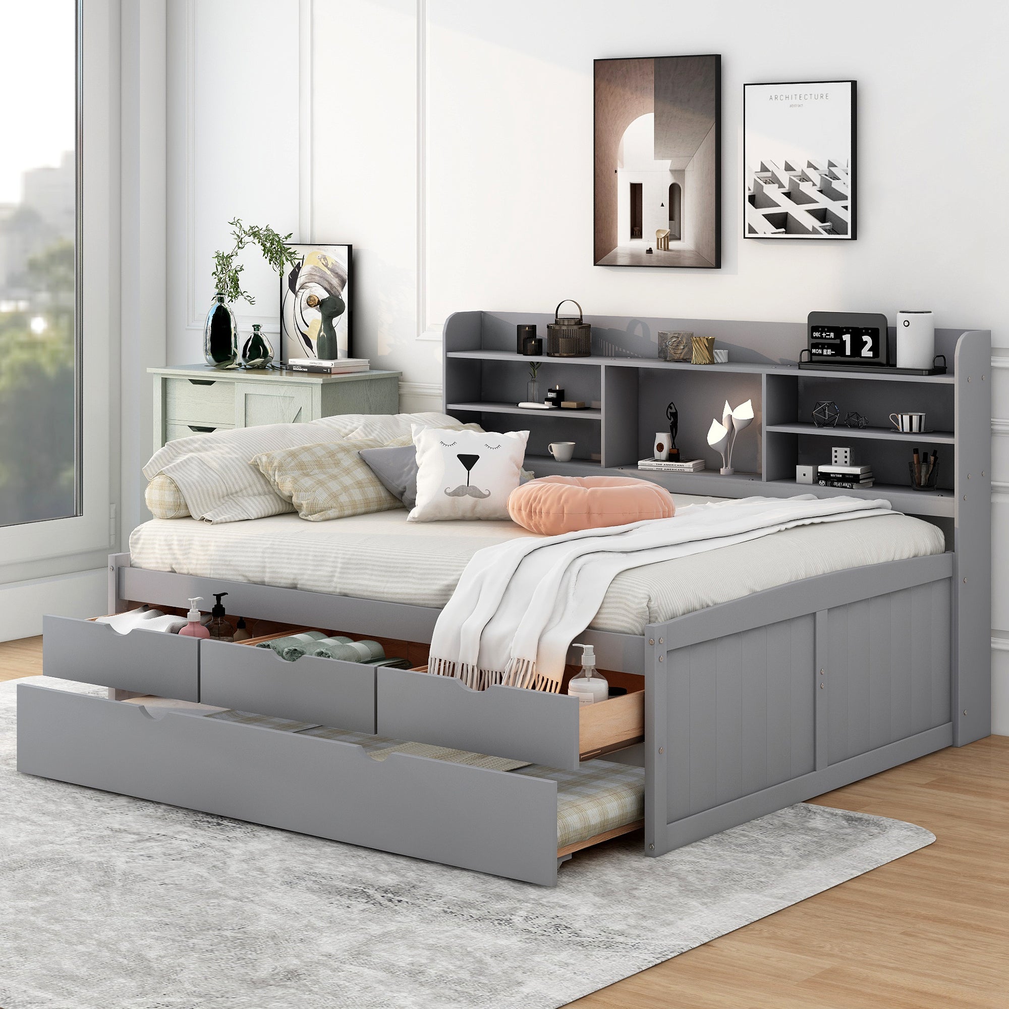 Full Size Wooden Captain Bed with Built-in Bookshelves Three Storage Drawers and Trundle In Light Grey