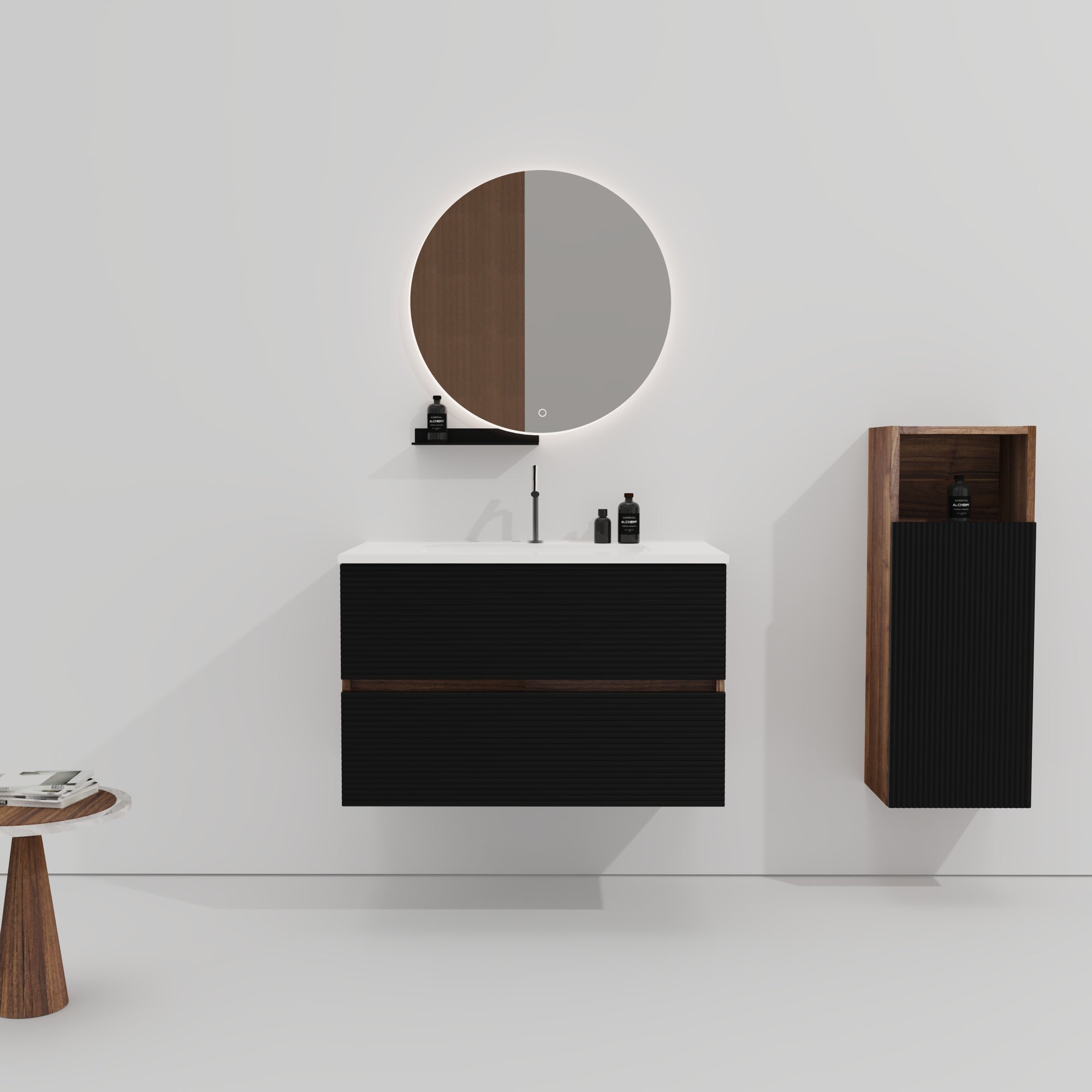 Wall Mounted Soft Black Walnut Bathroom Vanity with Integrated Sink Large Storage Floating Design In Soft Black and Walnut