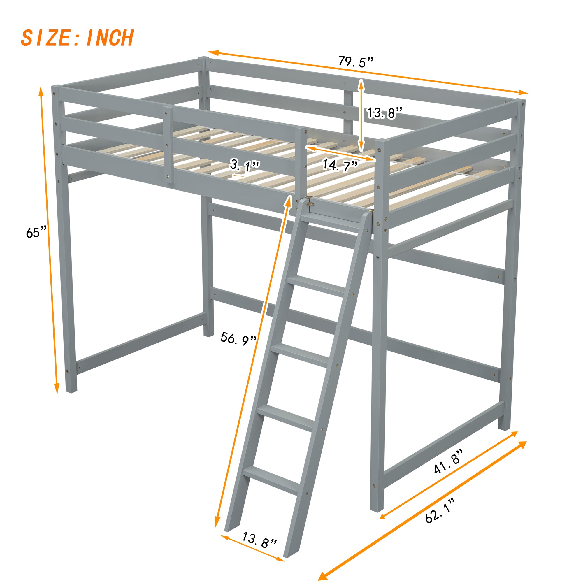 Gray Twin Size High Loft Bed with Inclined Ladder and Guardrails