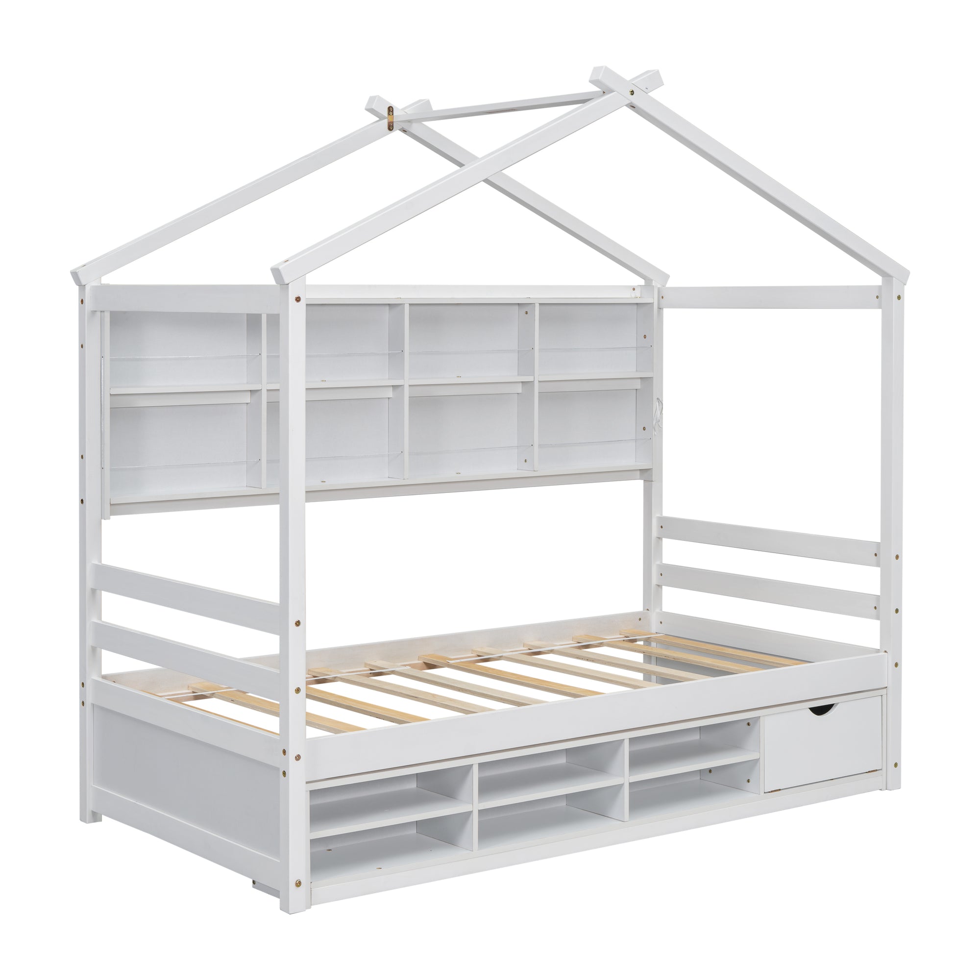 Twin Bed with Roof, Bedside Shelves, and Under-Bed Storage in White