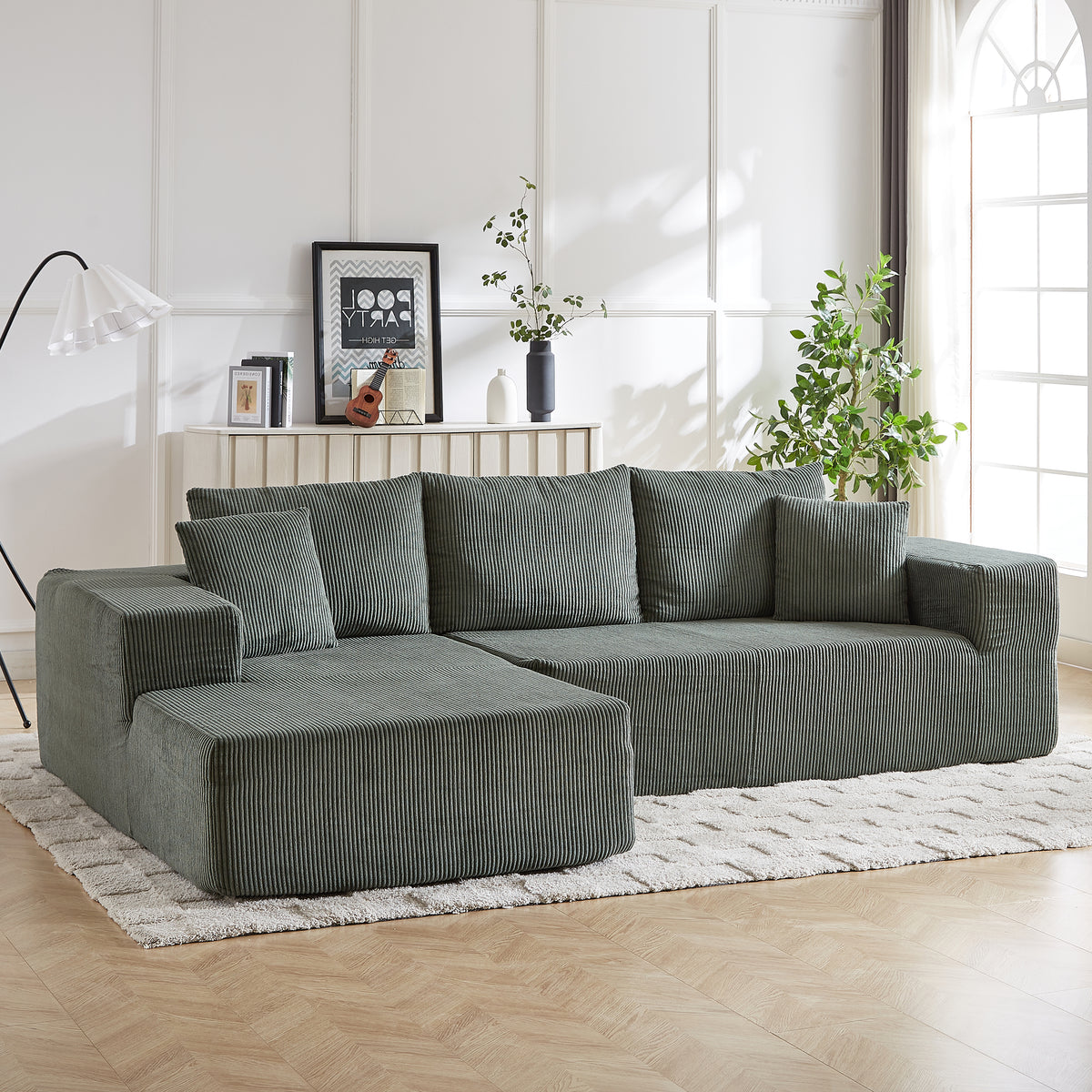 Modern Corduroy Upholstered Modular Sectional Sofa Set With Free Combination Design And Five Pillows In Green