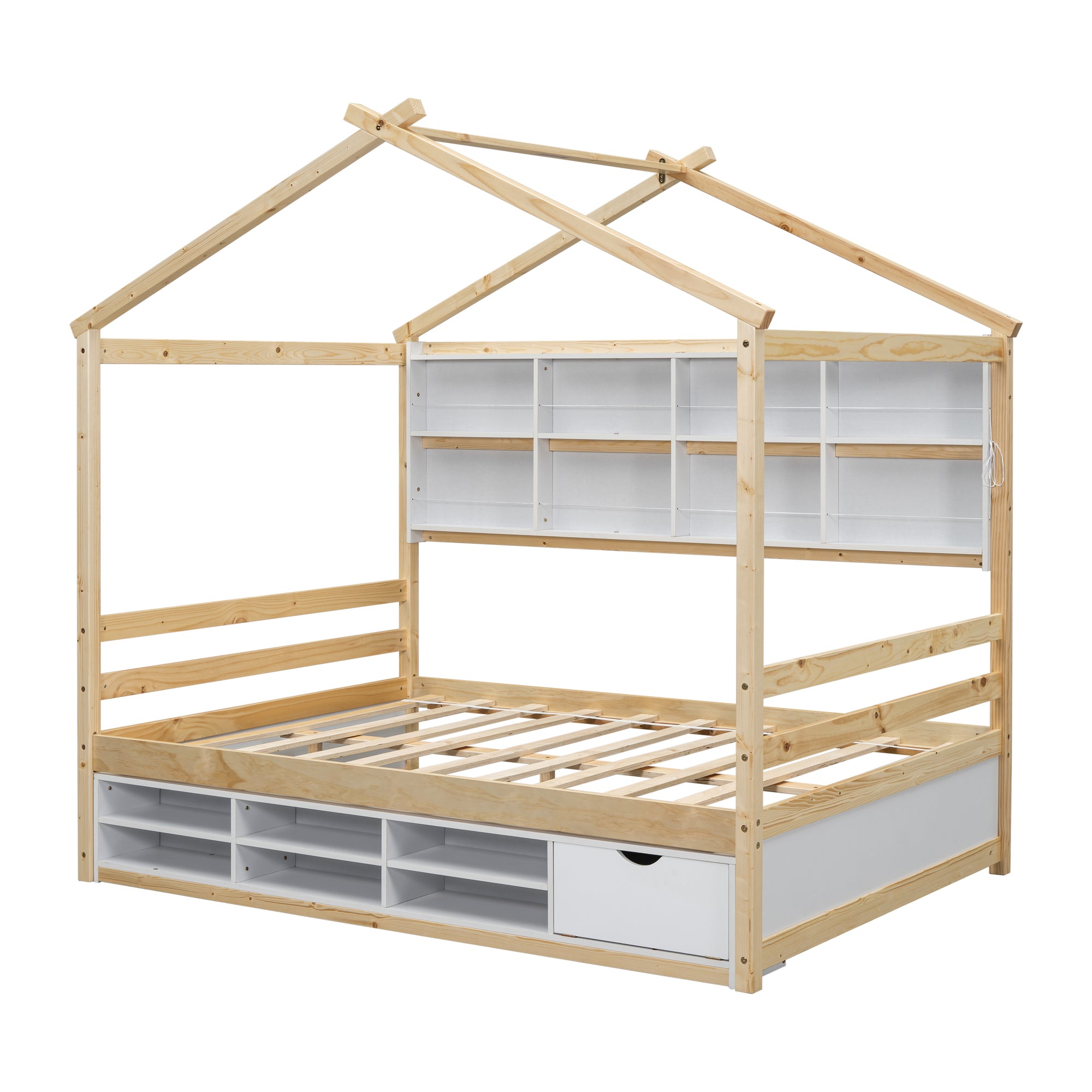 Full Size Bed with Roof, Bedside Shelves, and Under Bed Storage