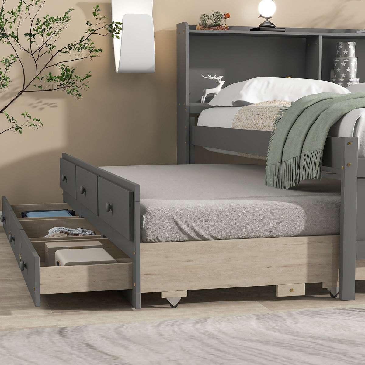 Full Bed with Bookcase, Twin Trundle &amp; Drawers In Gray