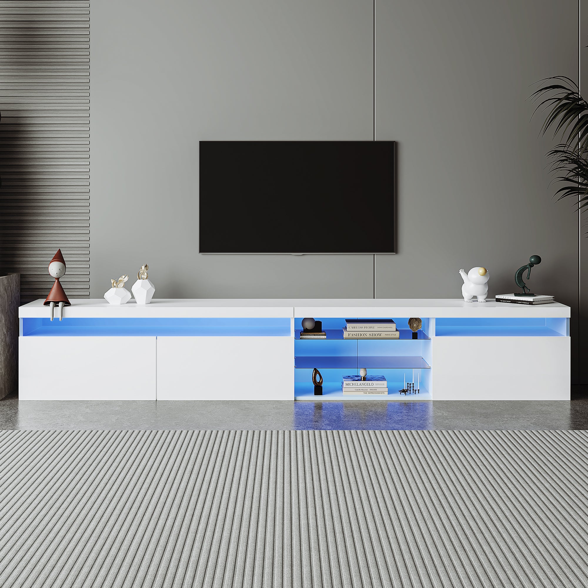 Unique Design TV Stand with Glass Shelves and LED Lights Ample Storage for TVs Up to 105 In White