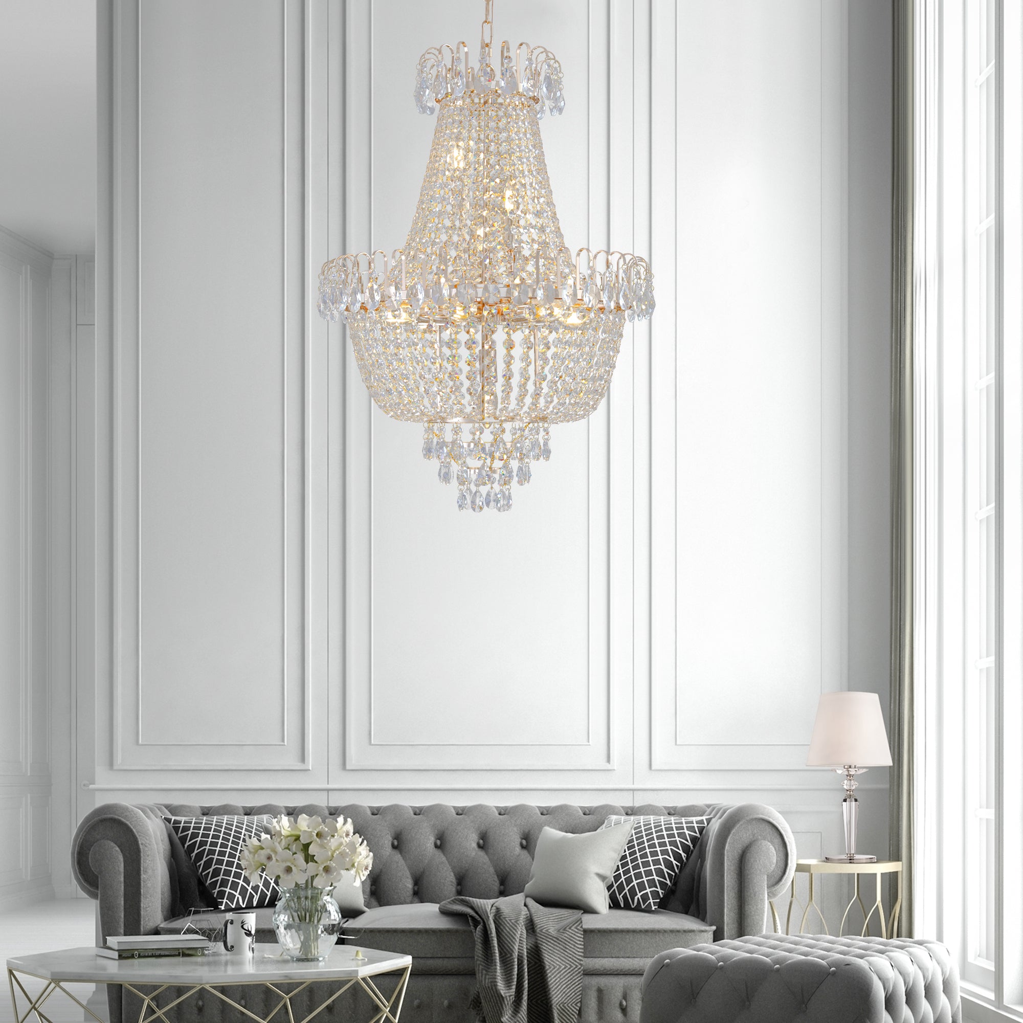 Gold Crystal Chandeliers - Large Contemporary Luxury Ceiling Lighting