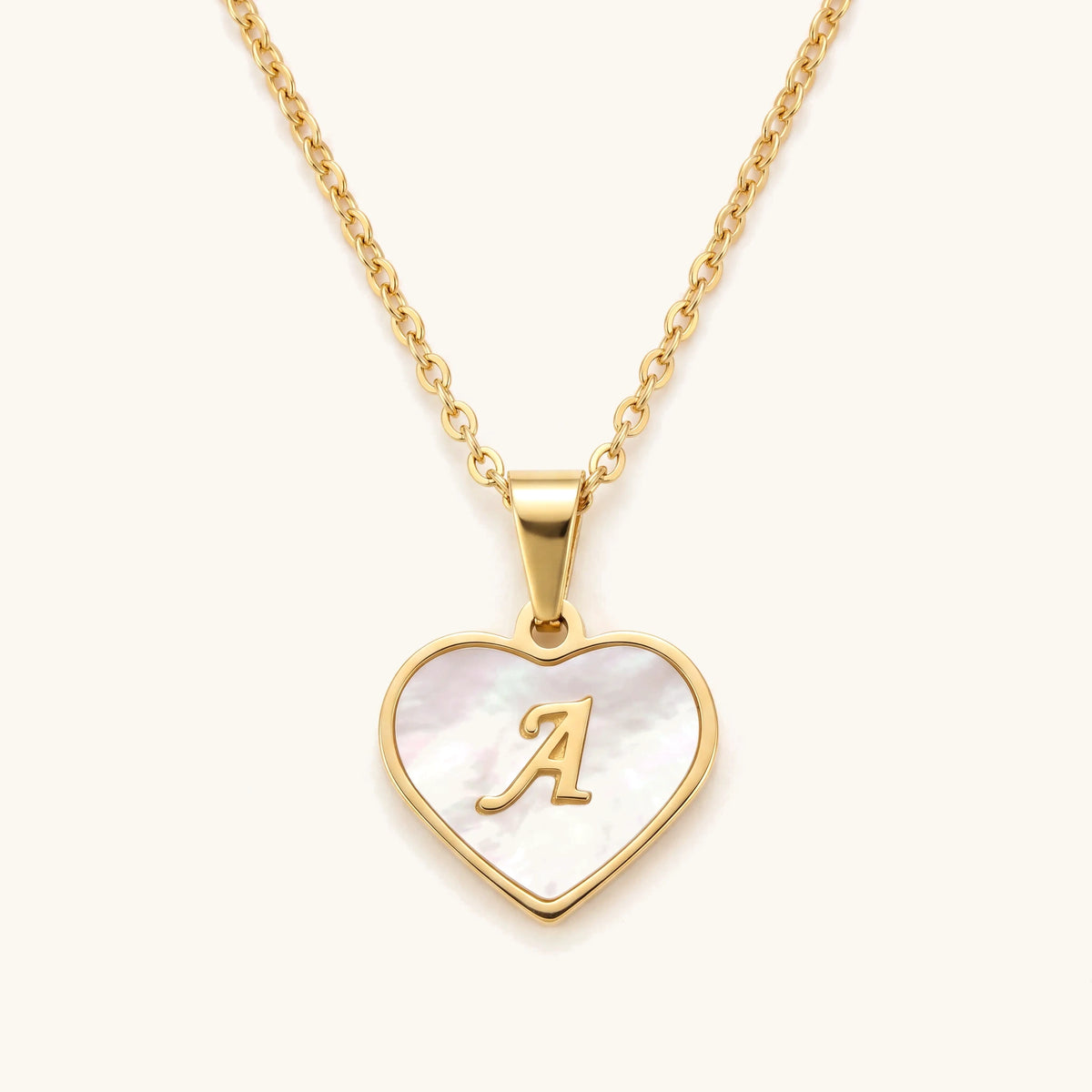 18k Pearl Heart Initial Letter Necklace – mother-of-pearl heart pendant with gold script initial