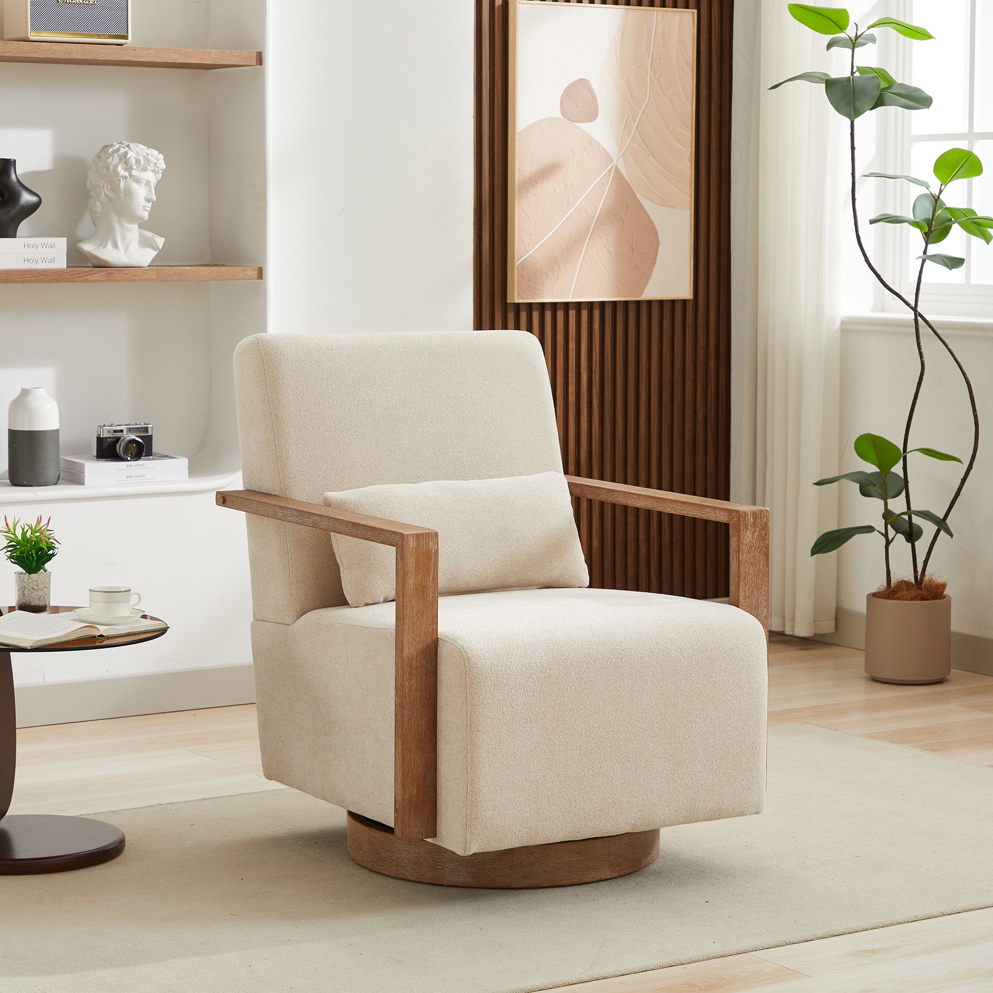 Modern Beige Linen Blend Swivel Accent Chair