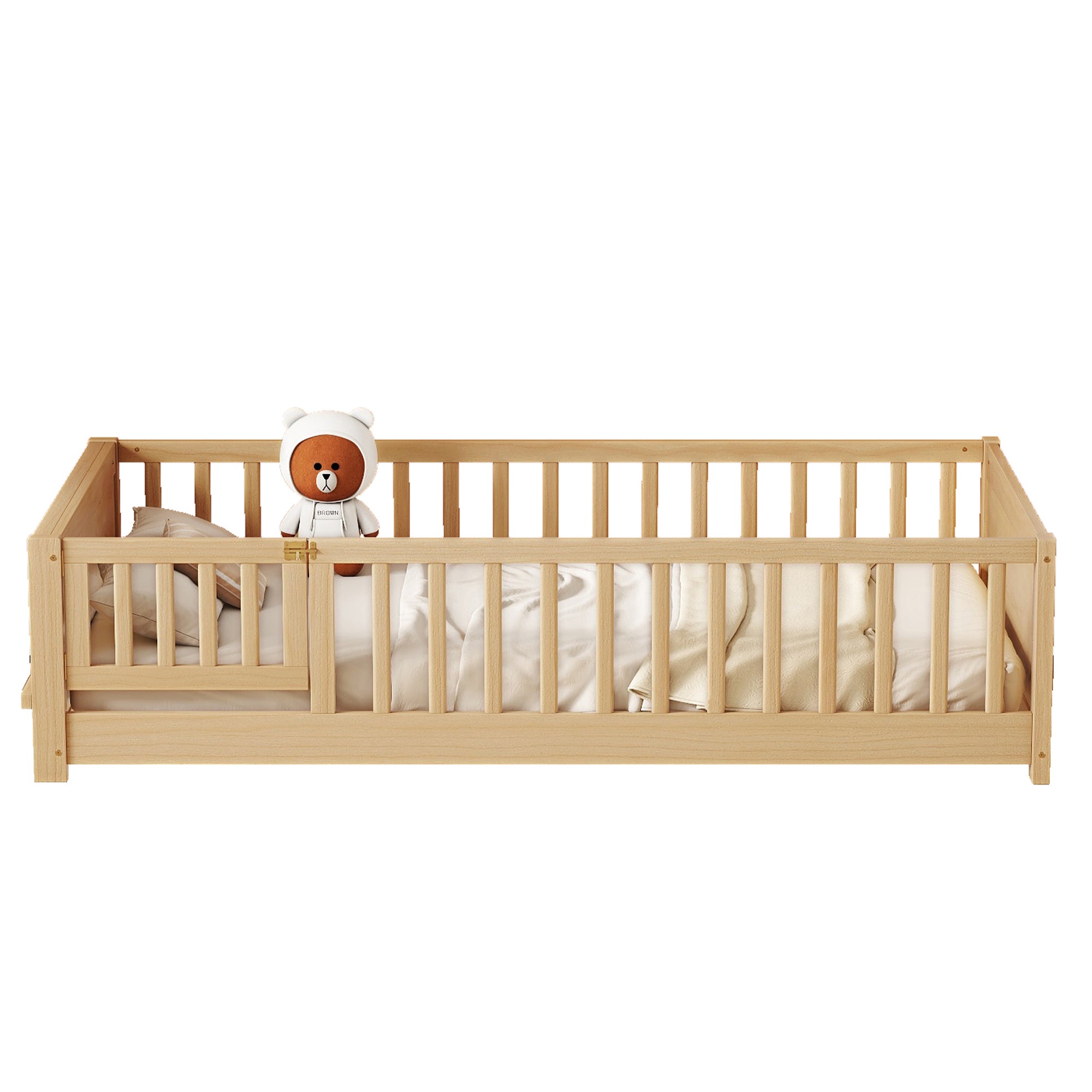 Natural Finish Twin Size Toddler Floor Platform Bed with Built-in Book Storage Rack and Door